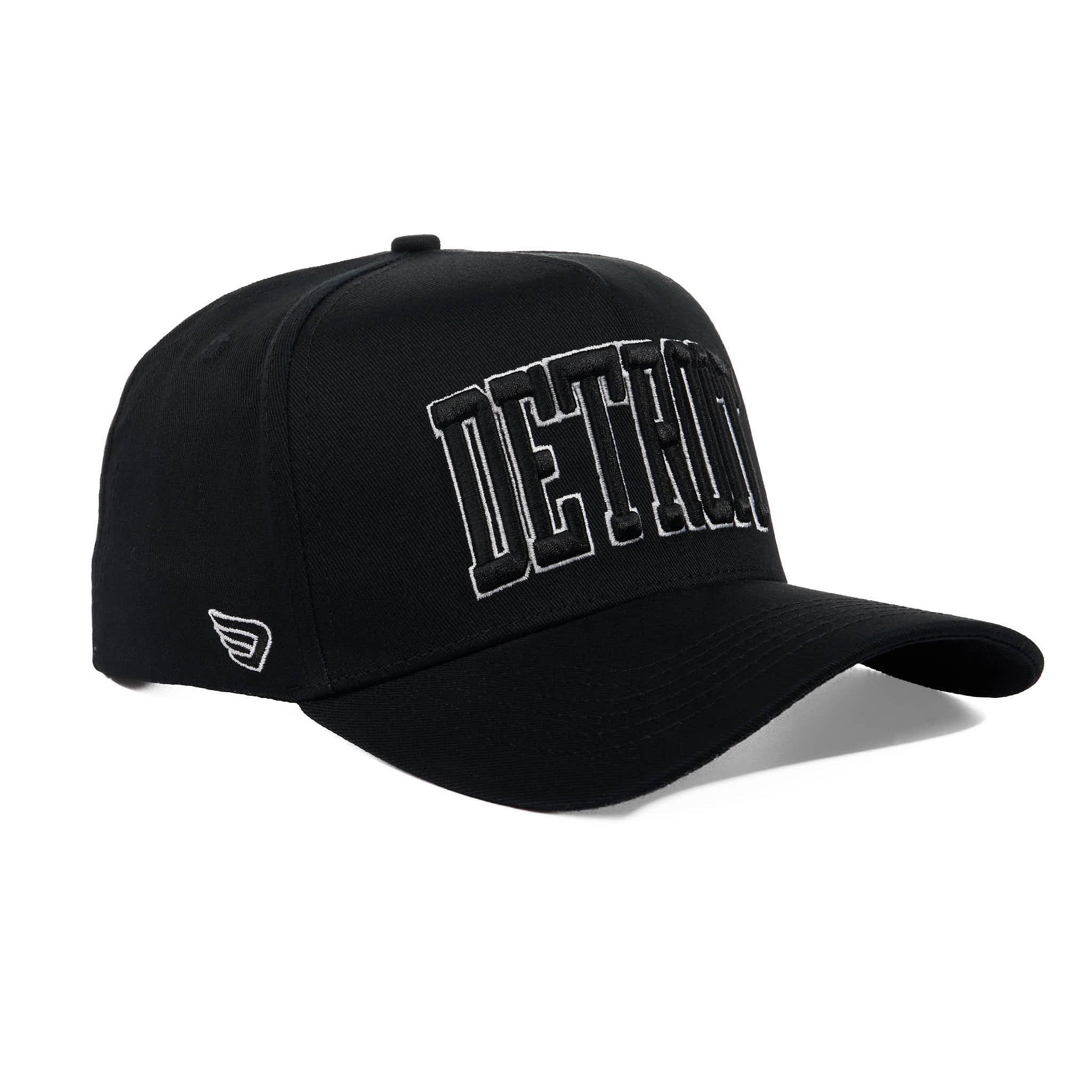 Black cap with 'DETROIT' embroidered in white on a white background