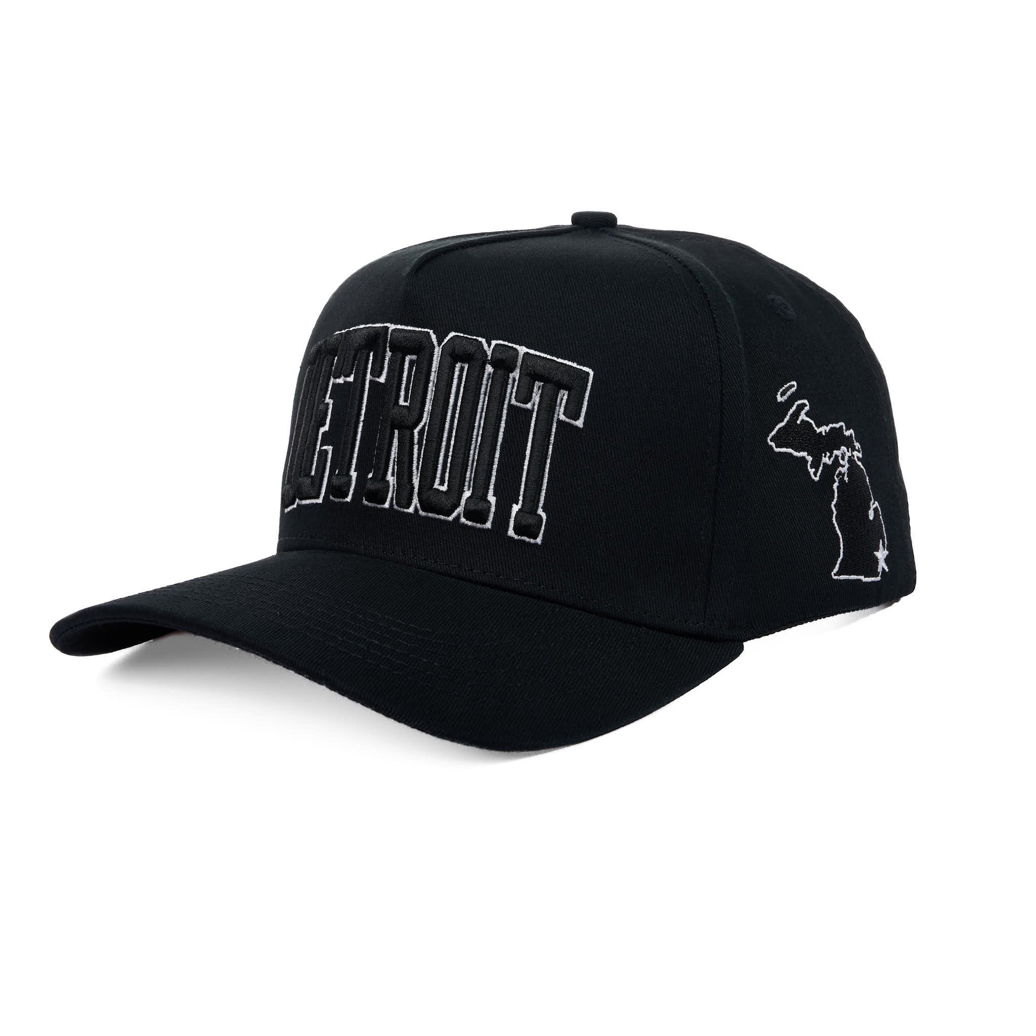 Black cap with 'DETROIT' embroidered in white on a white background