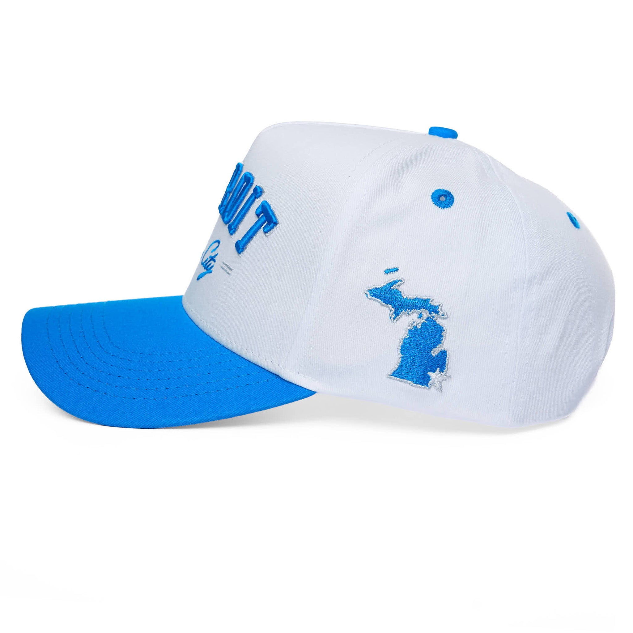 White cap with blue visor and logo on a white background
