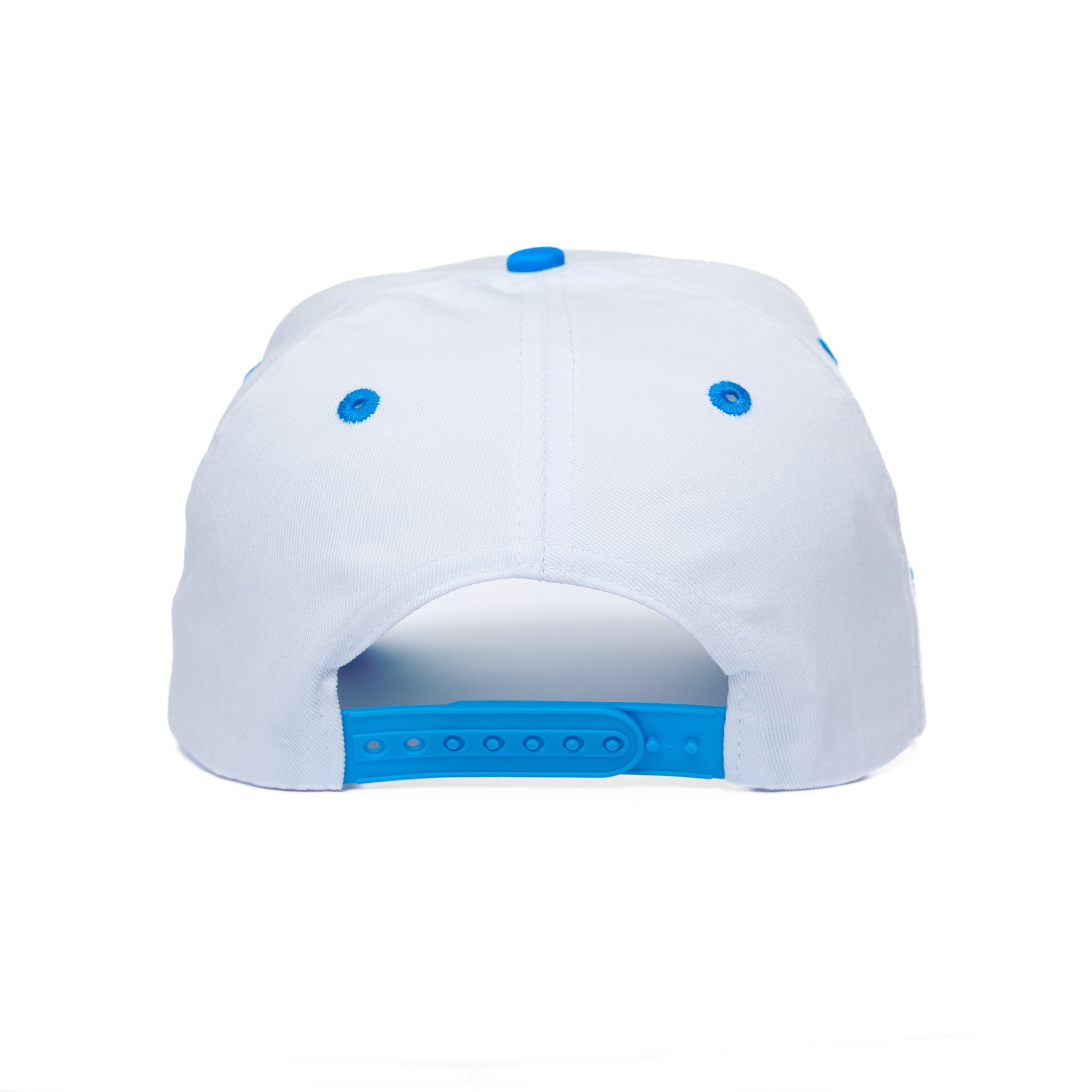 White cap with blue accents on a white background