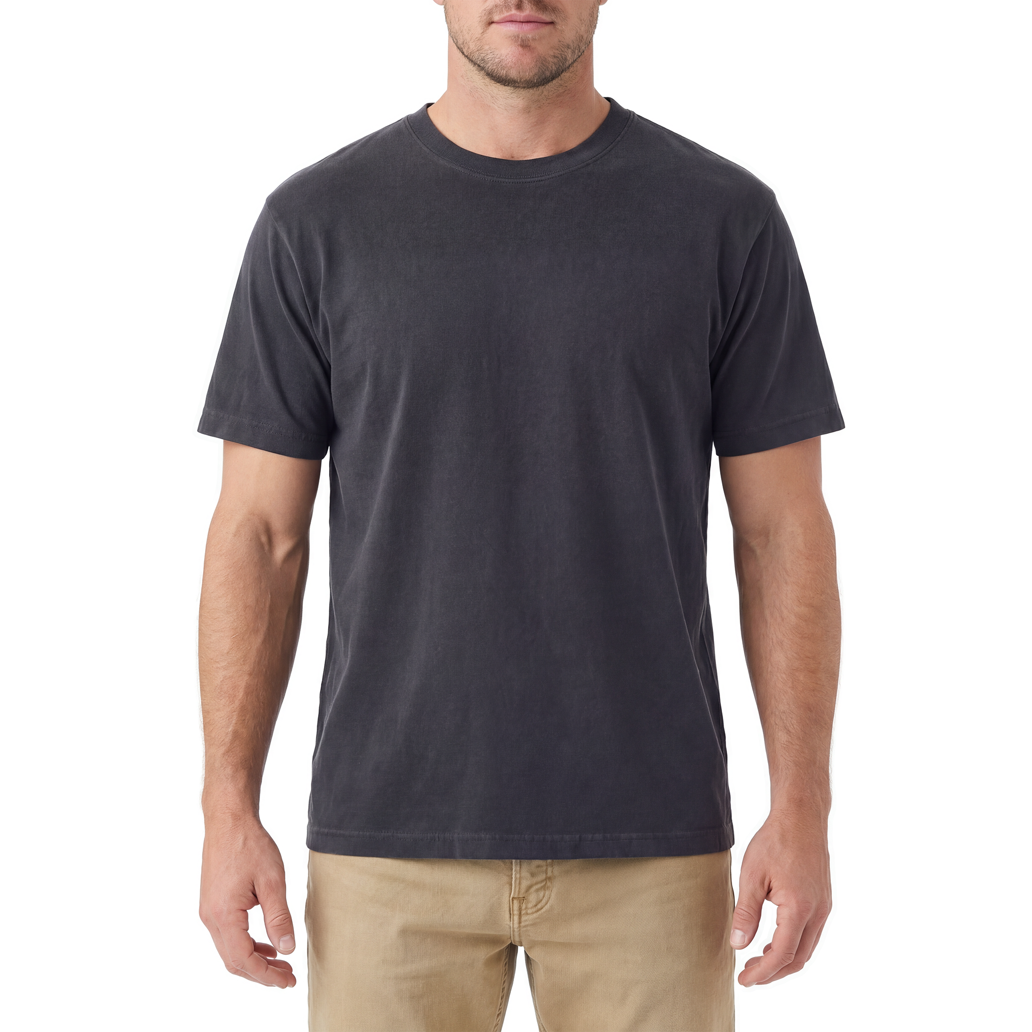 Man wearing a plain black t-shirt on a white background