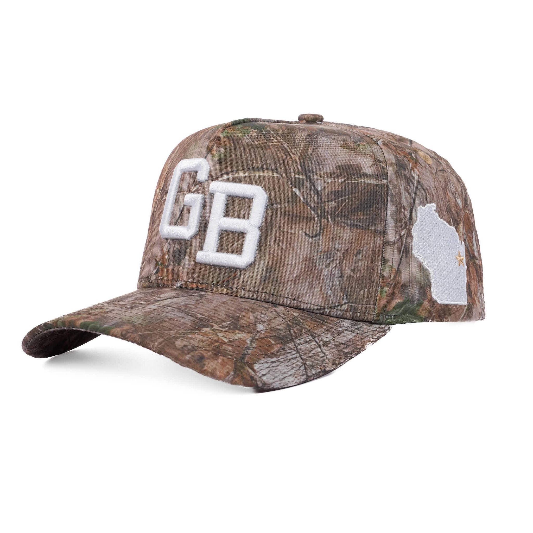 Camouflage baseball cap with 'GB' on a white background