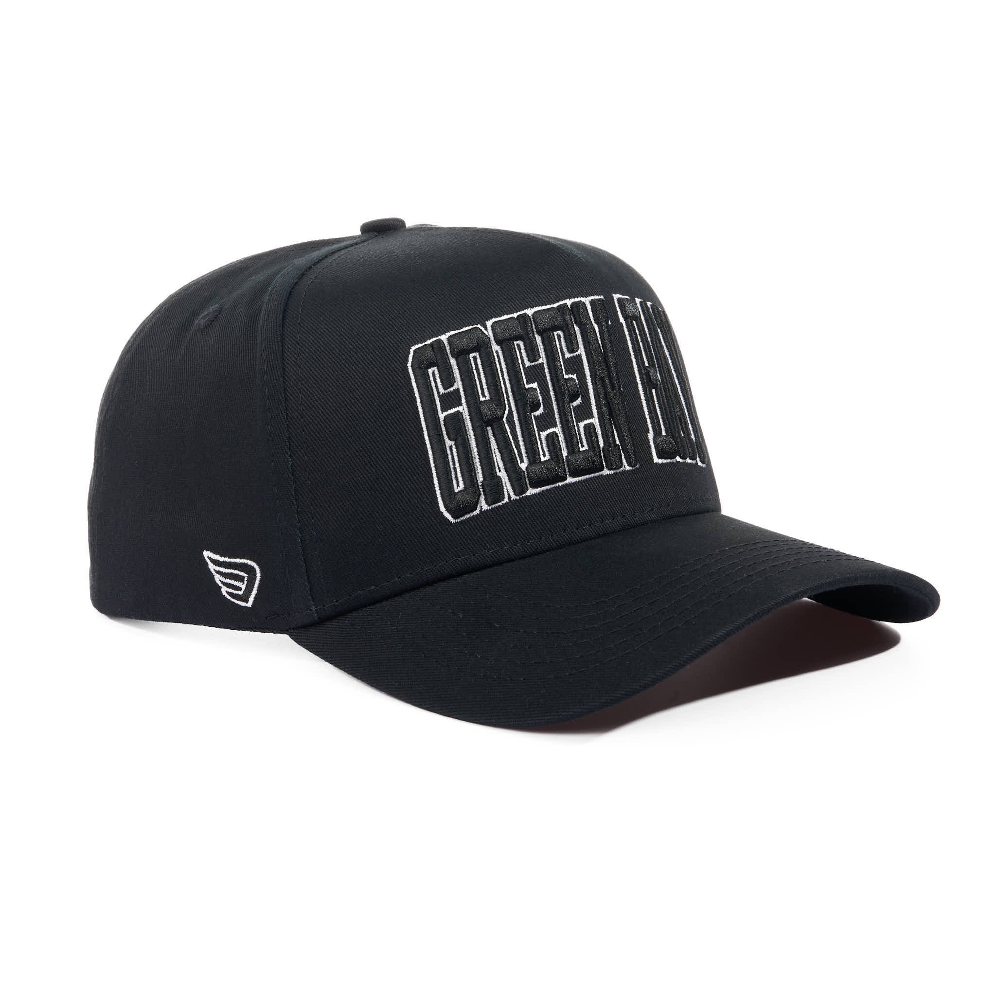 Black cap with 'Green Bay' text on a white background