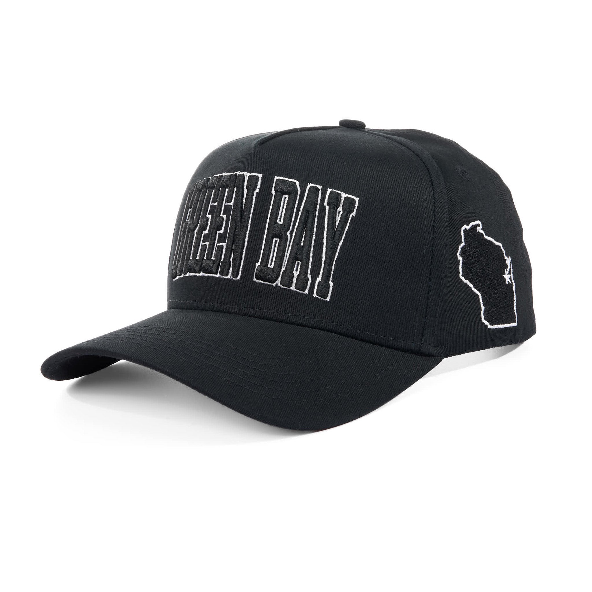 Black cap with 'Green Bay' and a map of Wisconsin on a white background