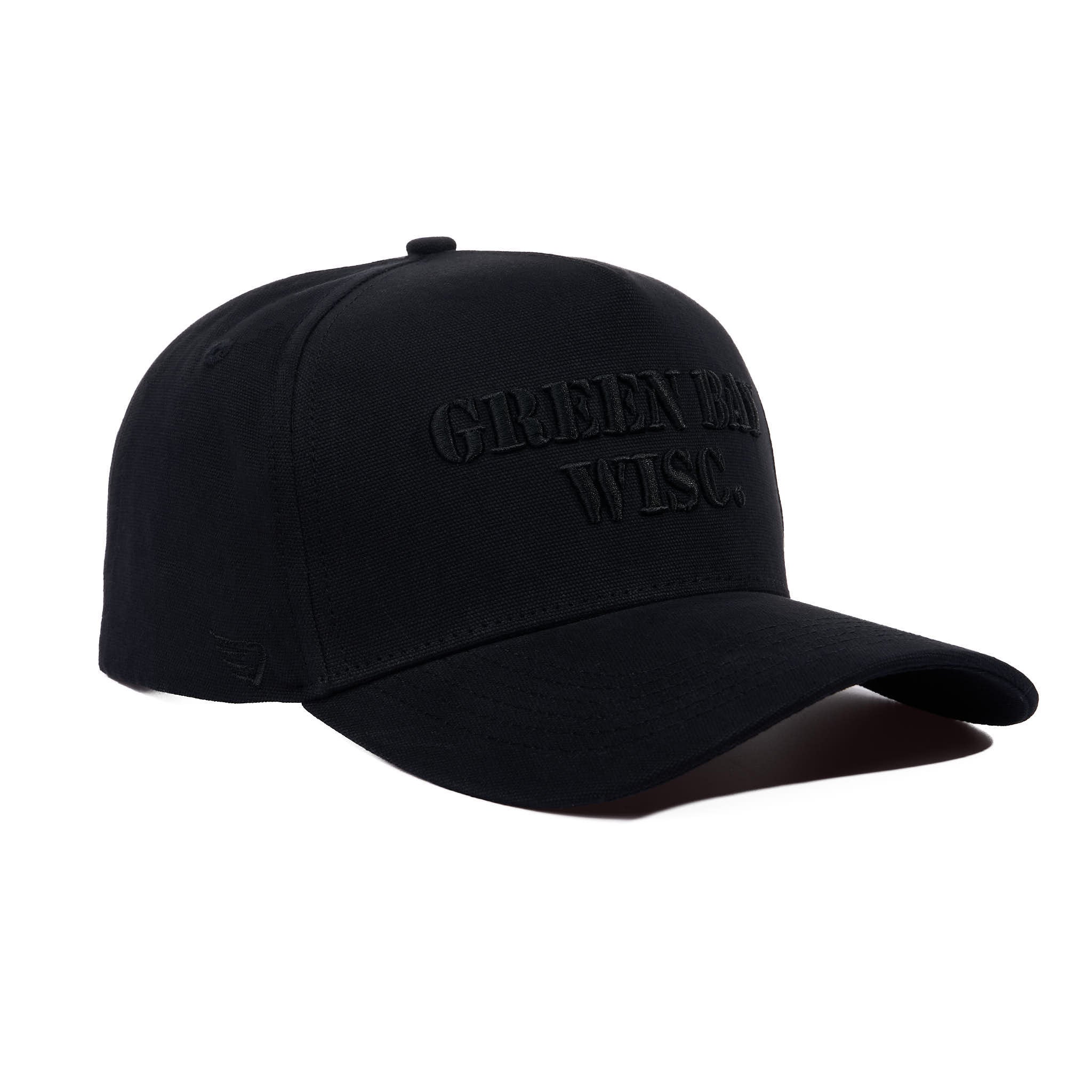 Black cap with text on a white background