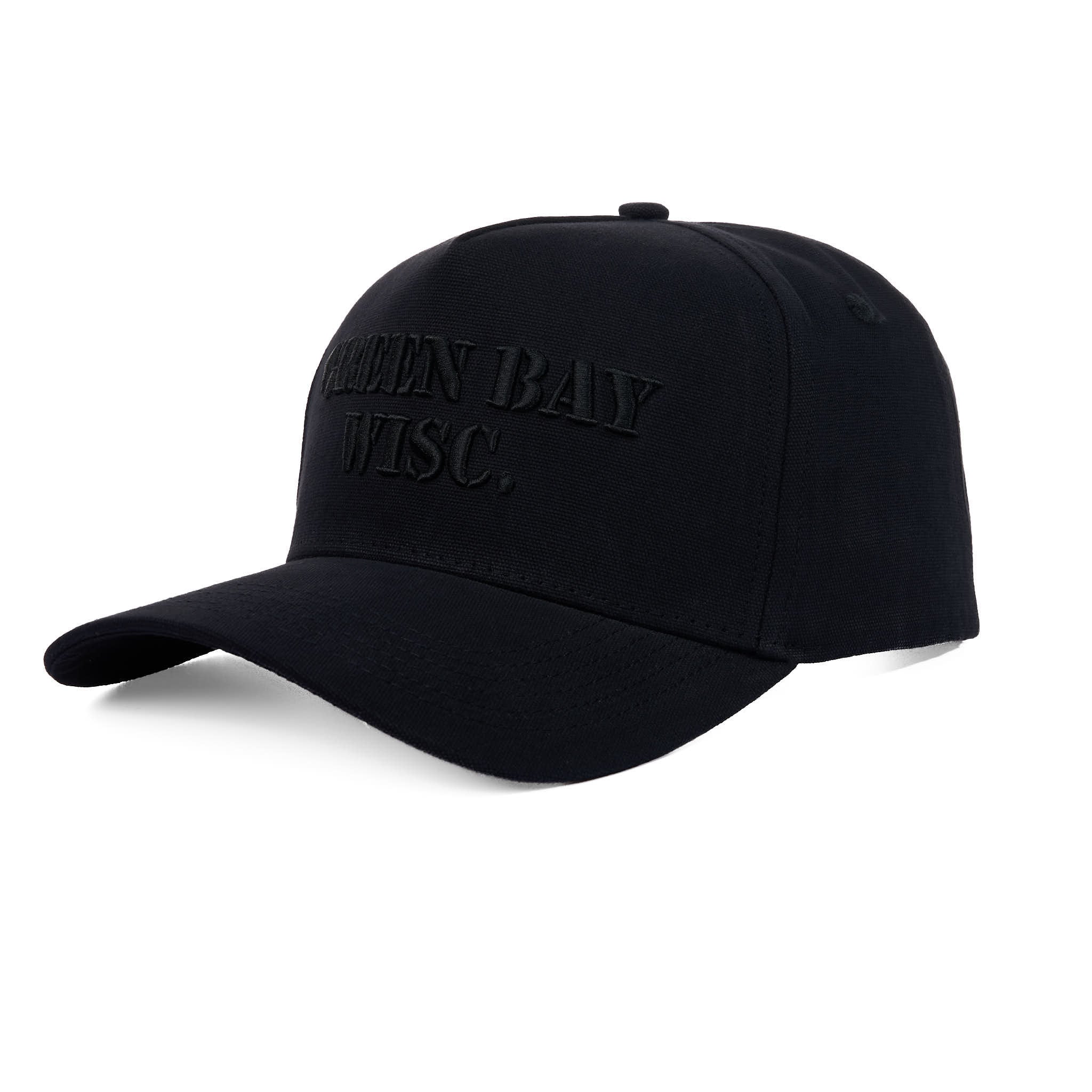 Black cap with 'Green Bay Wisc.' text on a white background