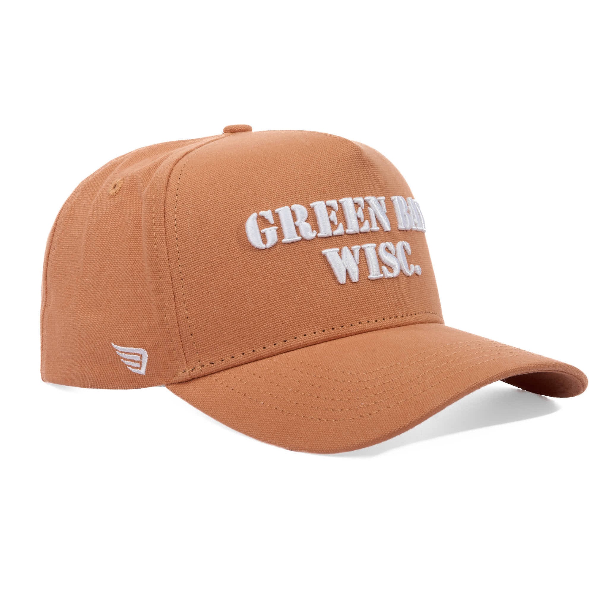 Brown cap with 'Green Bay Wisc.' text on a white background