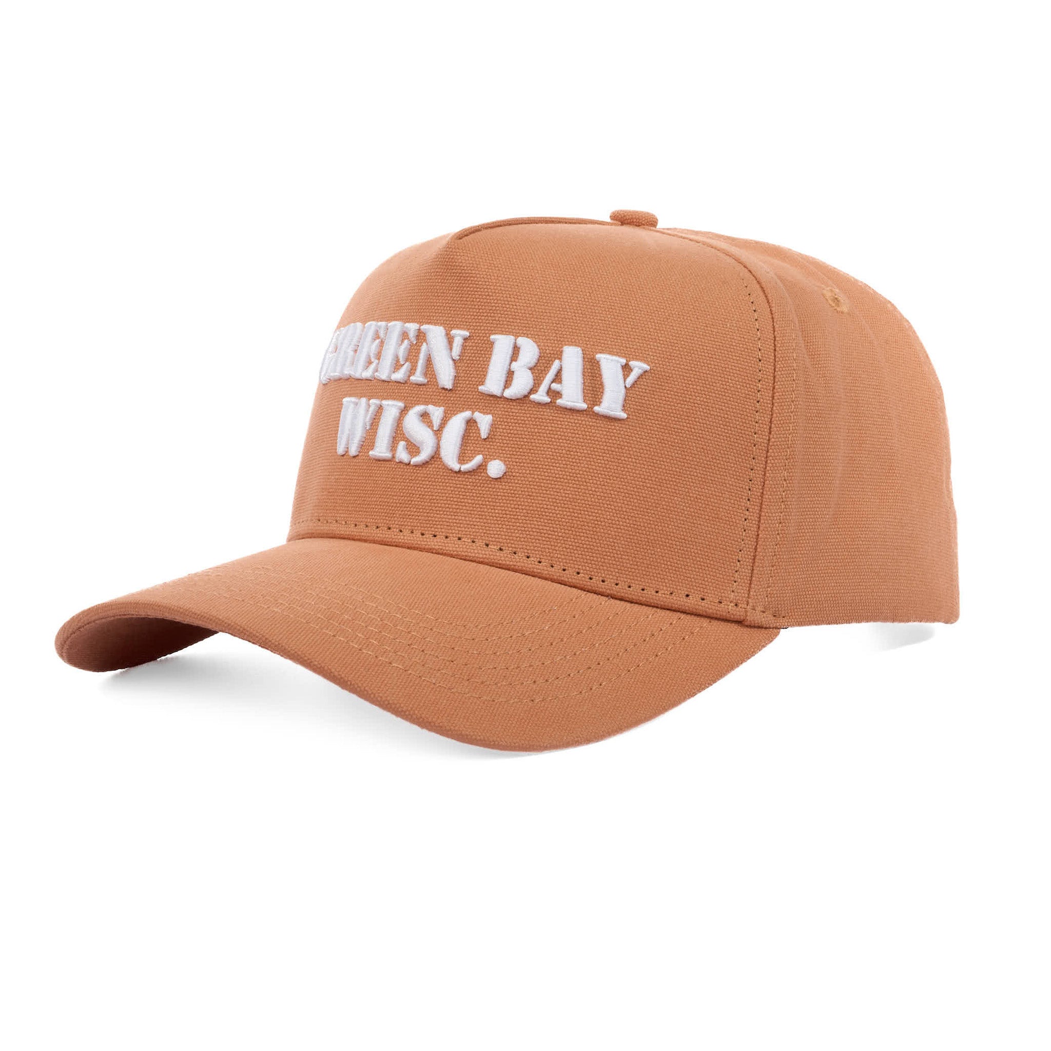 Brown cap with 'Green Bay Wisc.' text on a white background