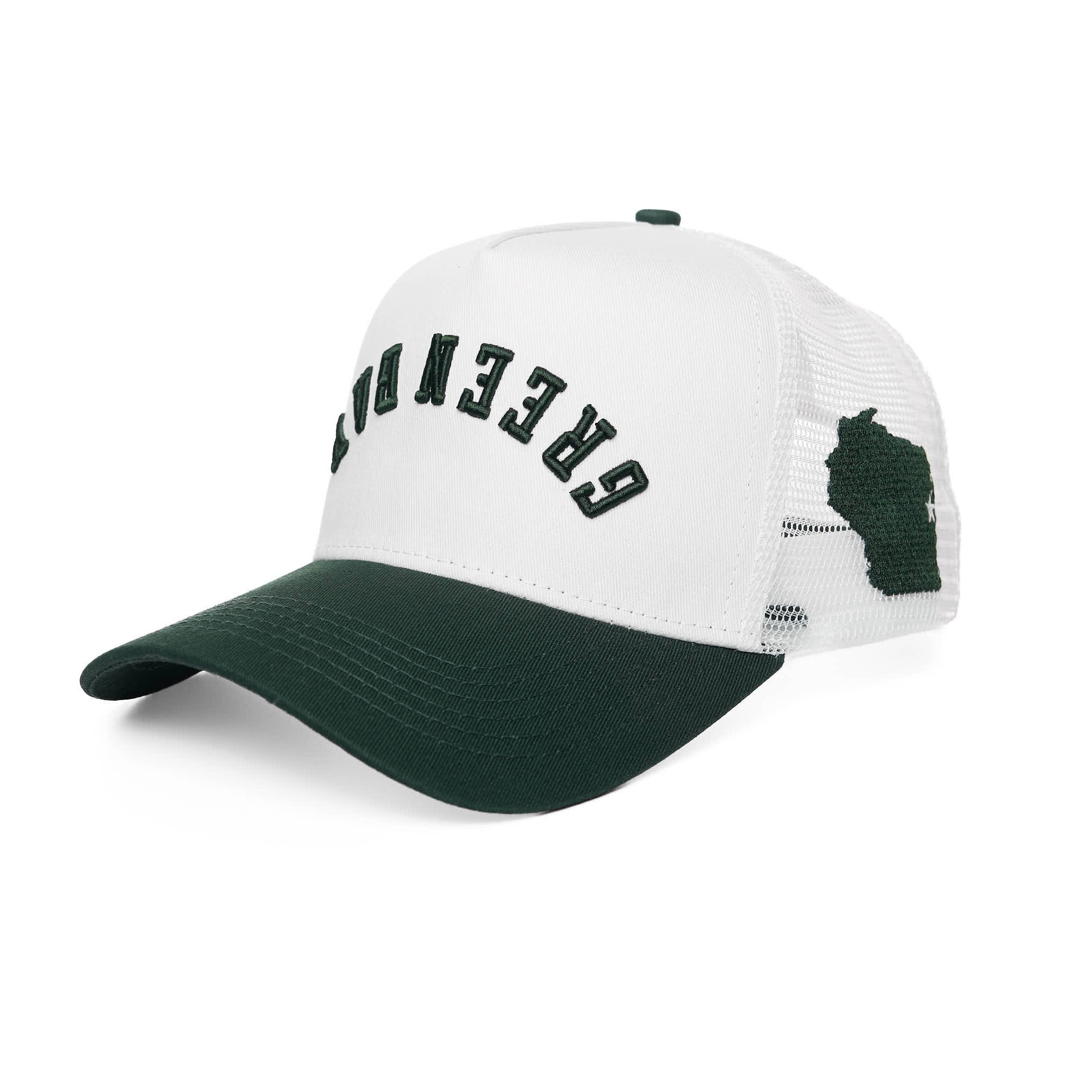 GREEN BAY UPSIDE DOWN TRUCKER HAT - WHITE/GREEN