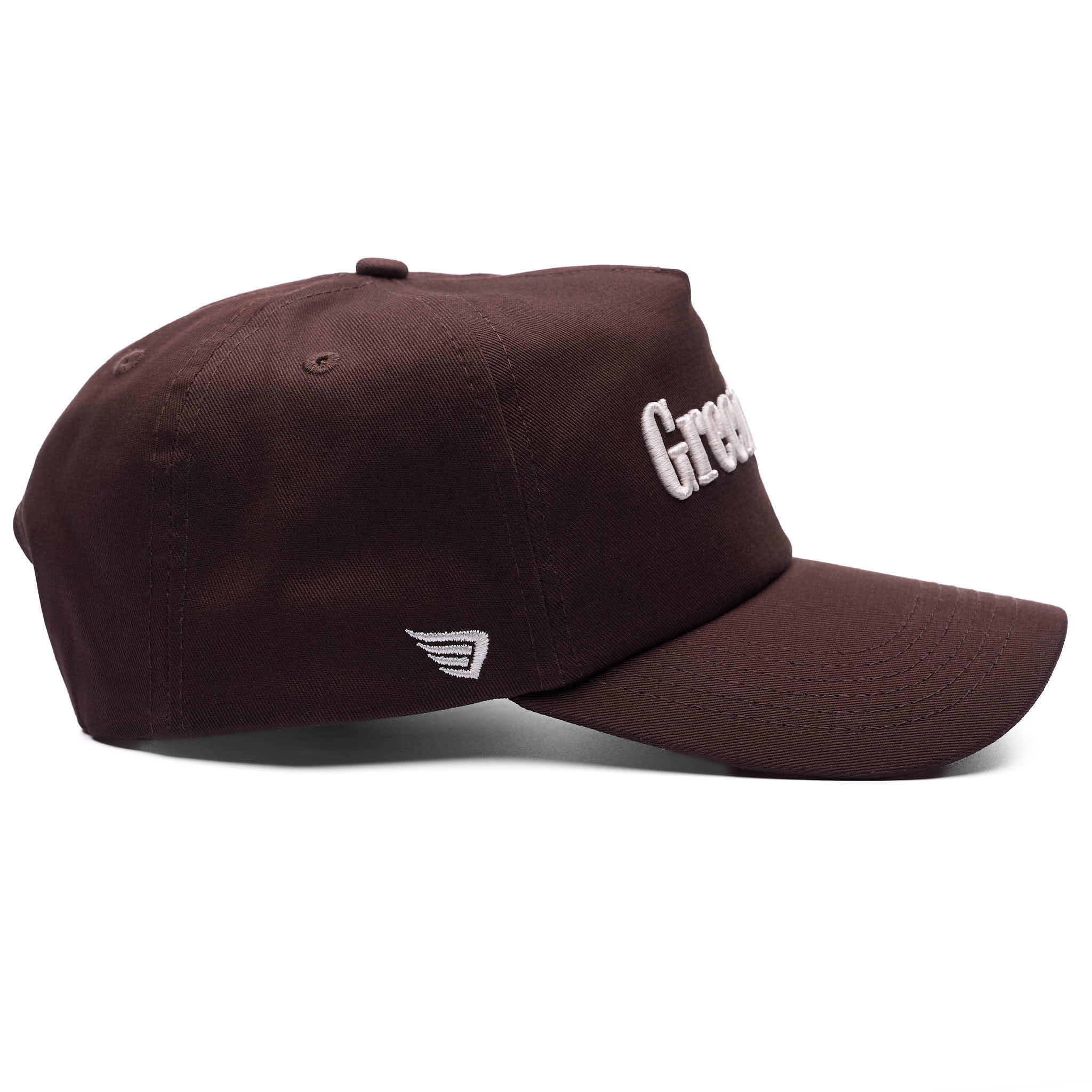 Brown cap with white text and logo on a white background