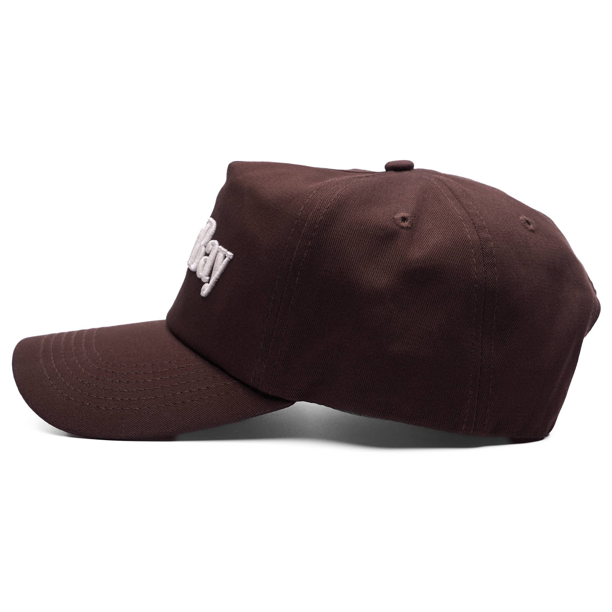 Brown baseball cap with a logo on a white background