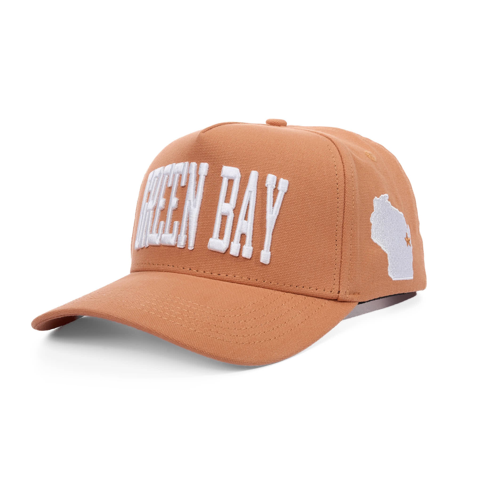 Brown cap with 'Green Bay' and a map of Wisconsin on a white background
