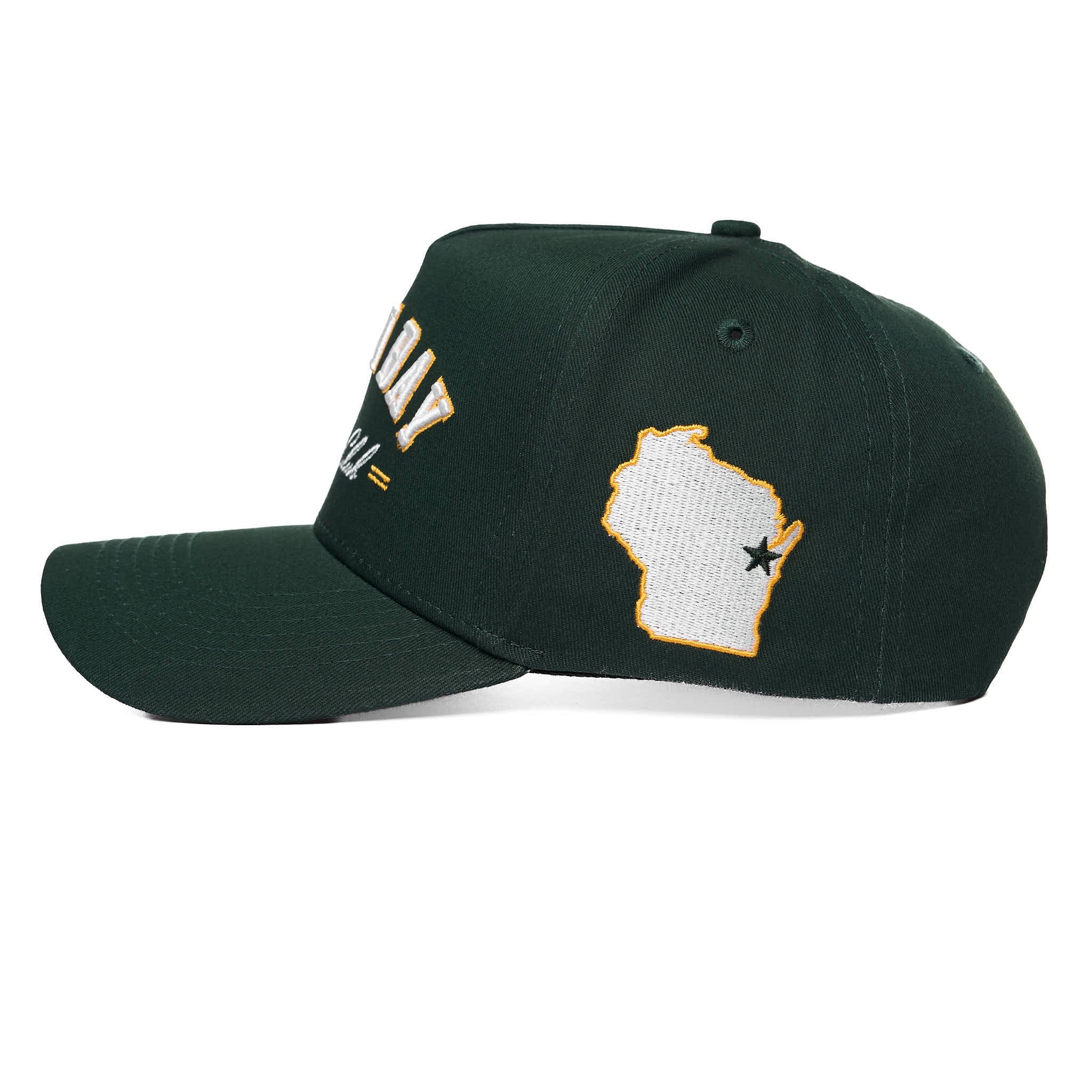 Green cap with white and gold design on a white background