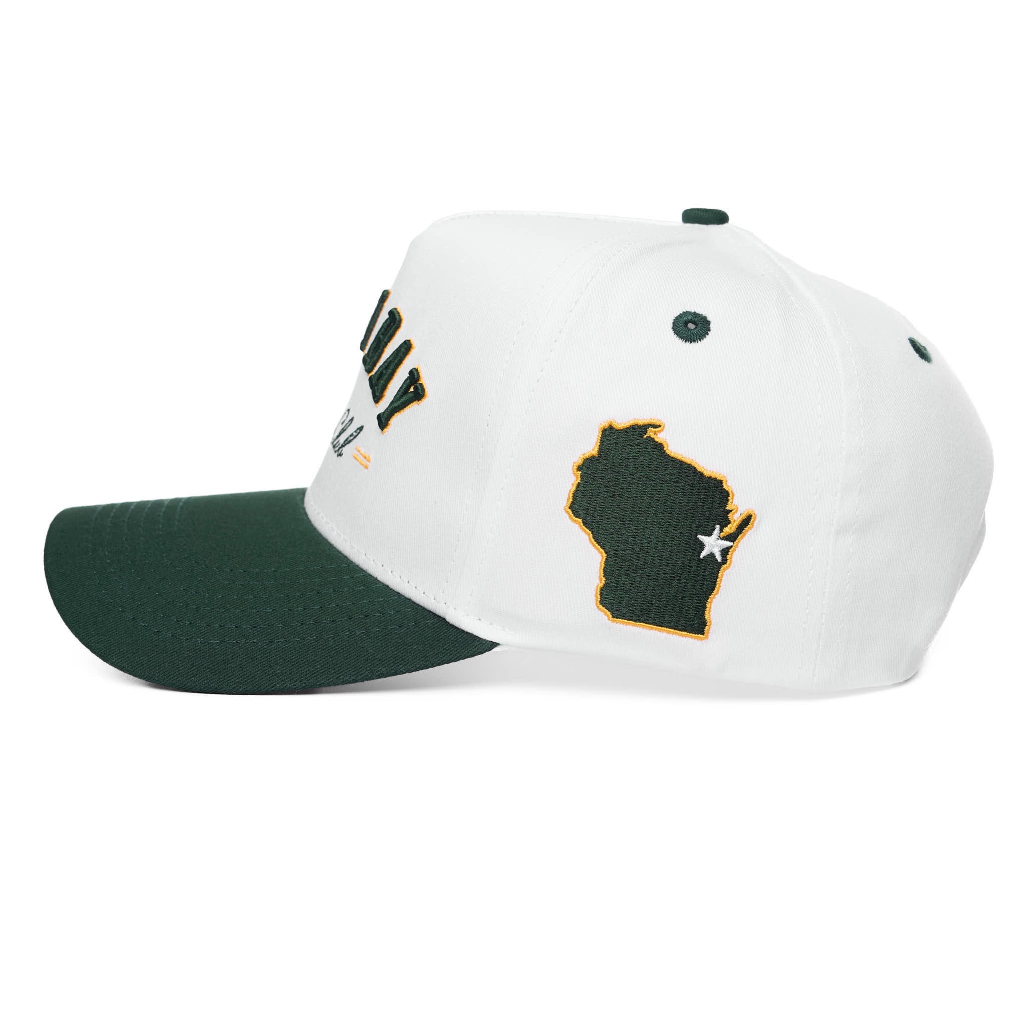 White and green cap with a map of Wisconsin design on a white background