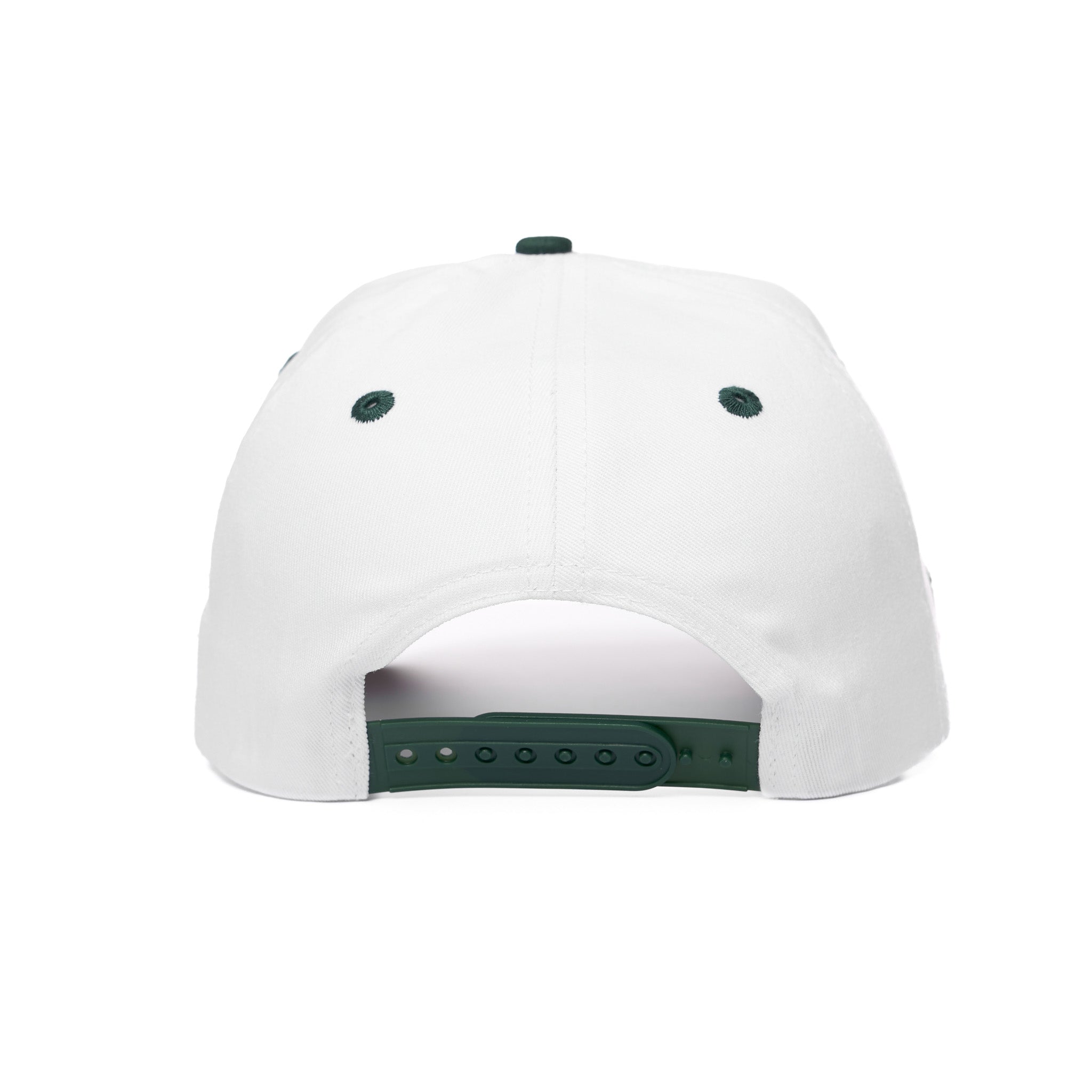White cap with green accents on a white background