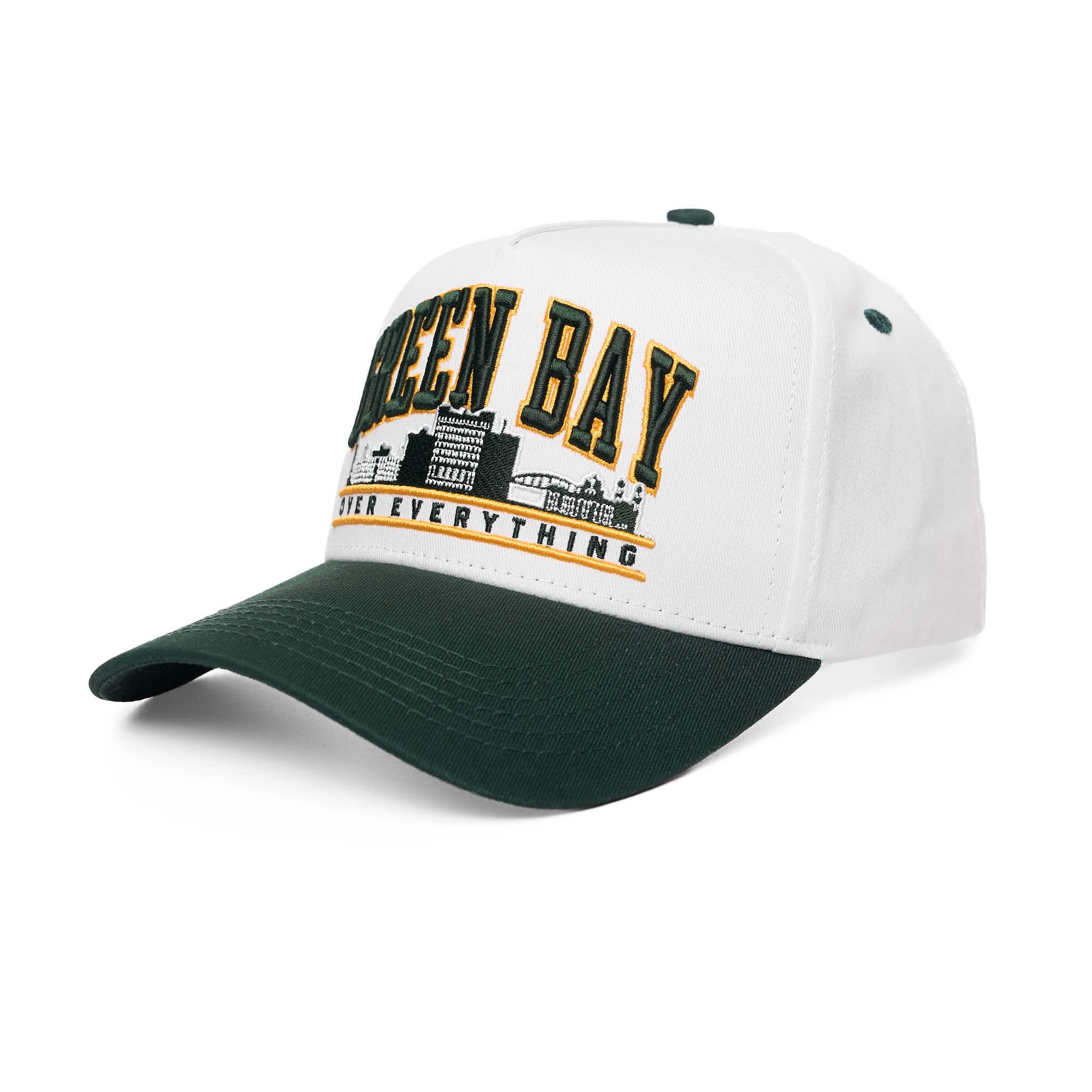 White and green cap with 'Green Bay Over Everything' text on a white background