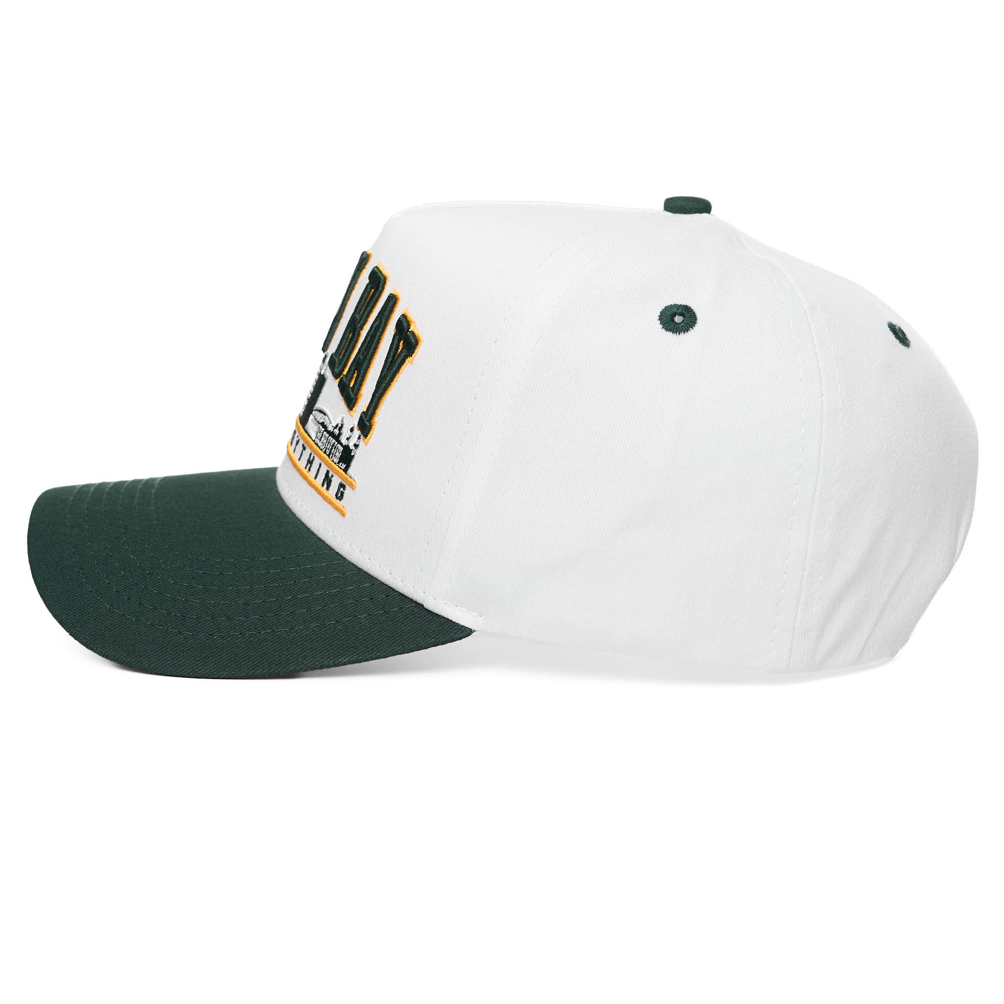 White and green baseball cap with a logo on a white background