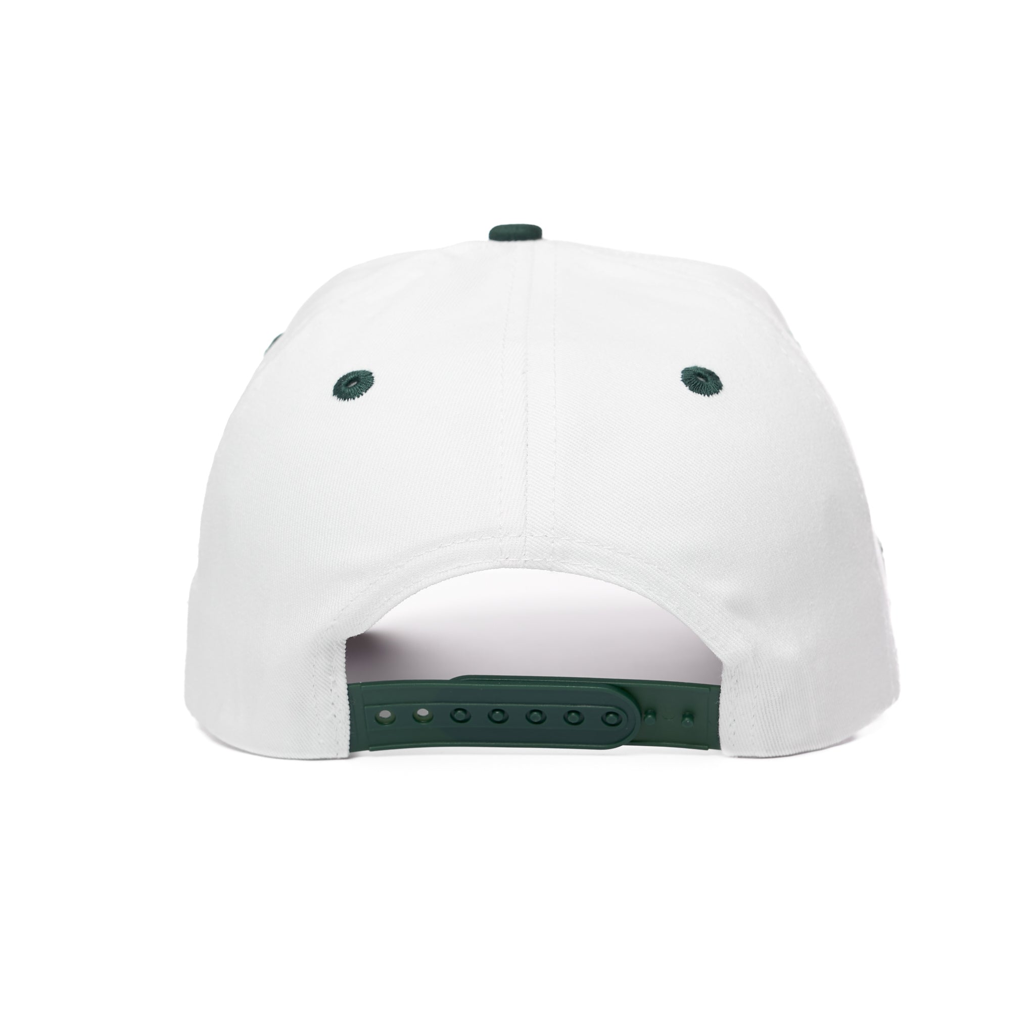 White cap with green accents on a white background