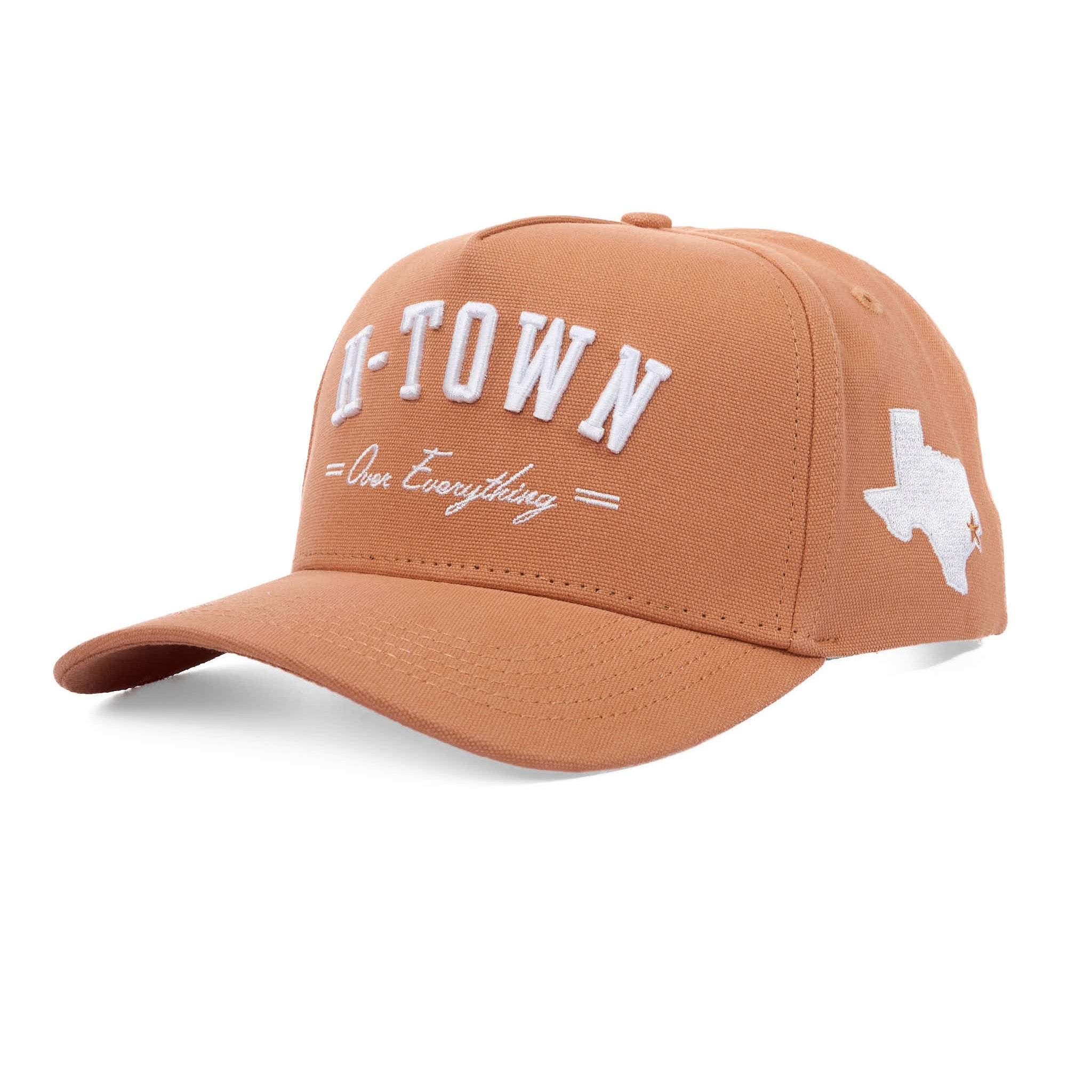 Brown cap with 'H-TOWN Over Everything' text and Texas shape on a white background