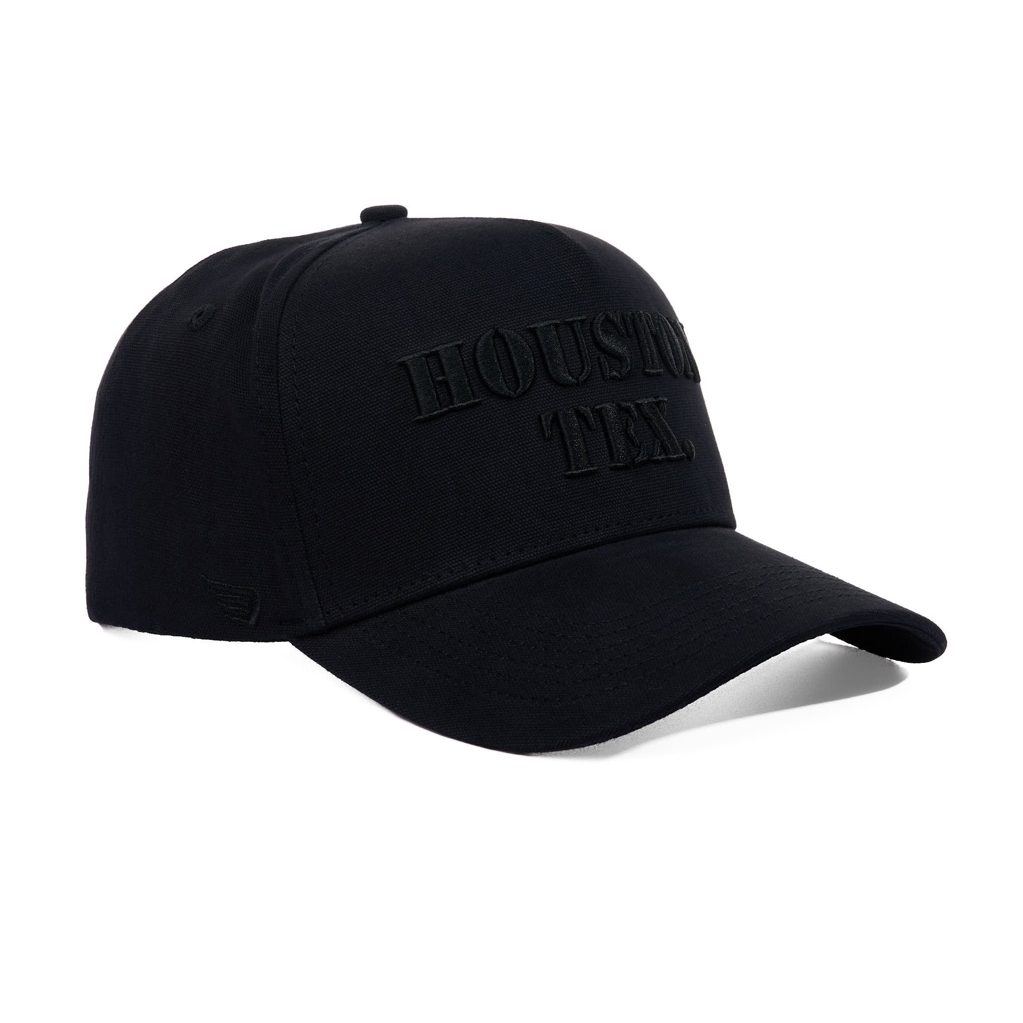 Black cap with text on a white background