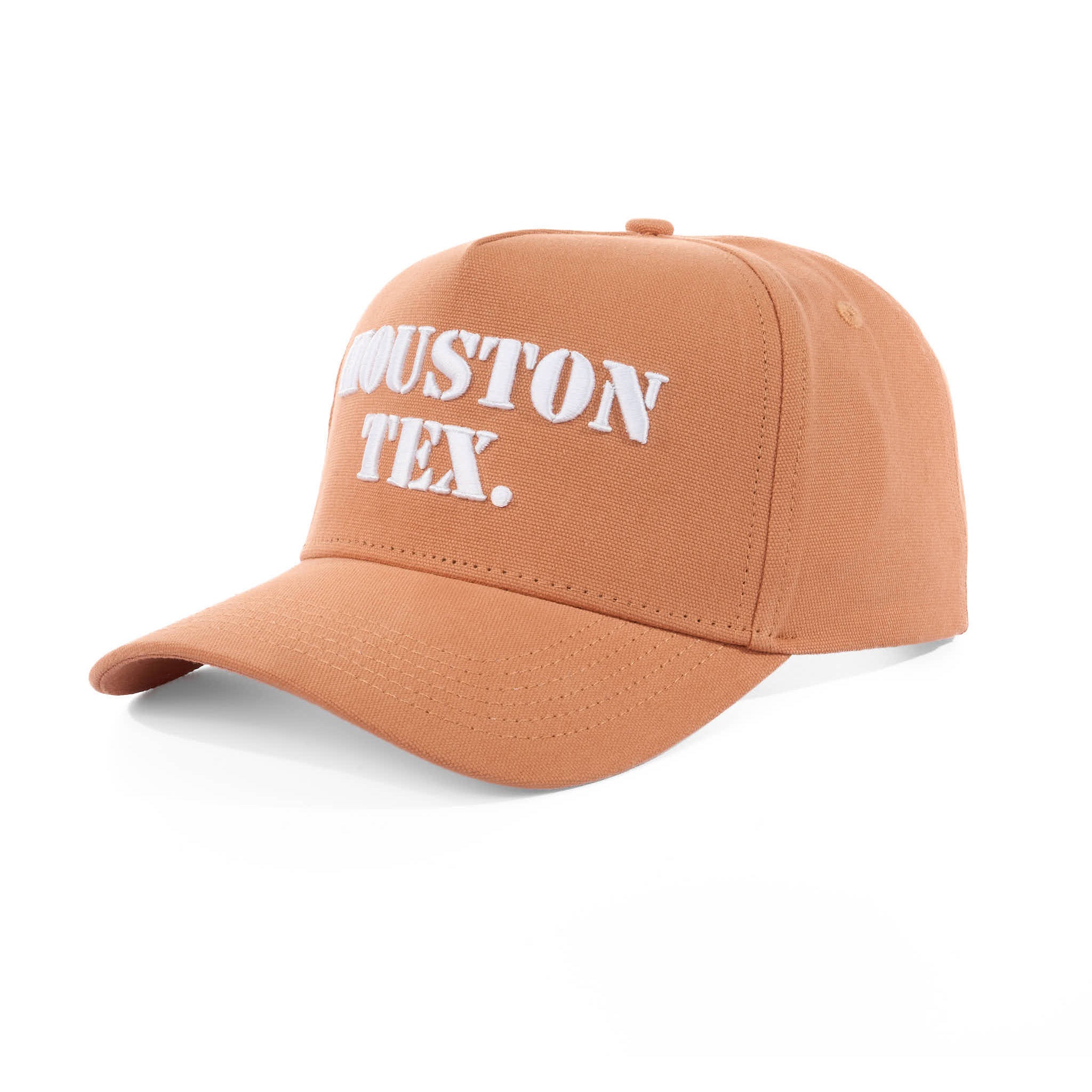 Brown cap with 'HOUSTON TEX.' text on a white background