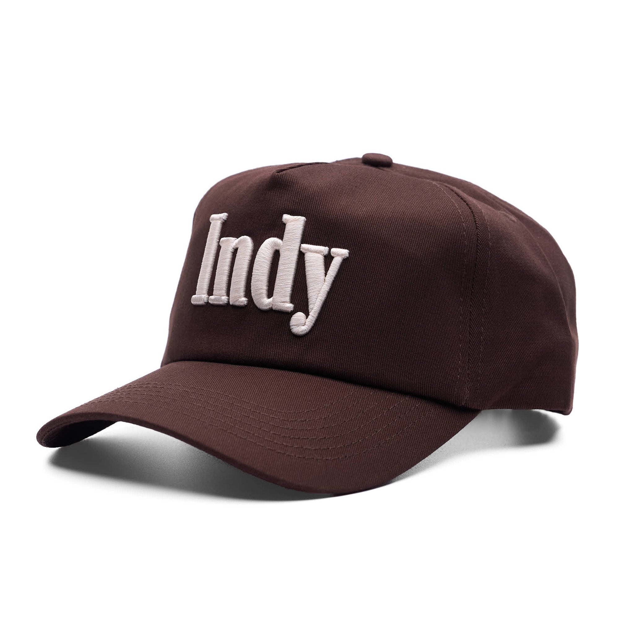 Brown cap with 'Indy' embroidered on a white background