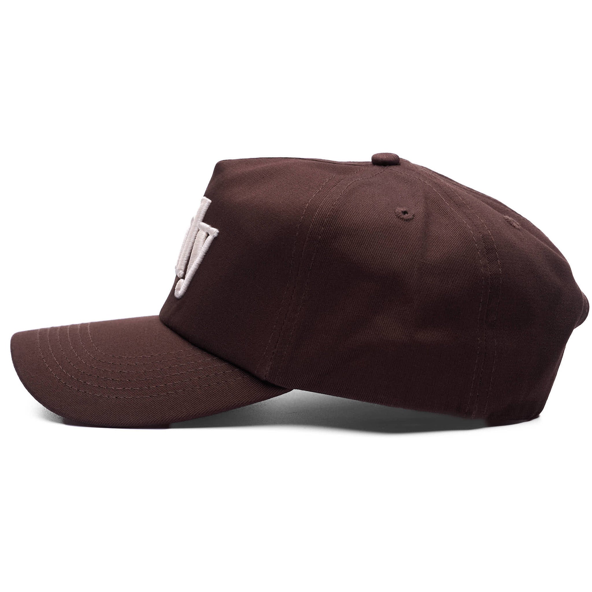 Brown baseball cap with a logo on a white background