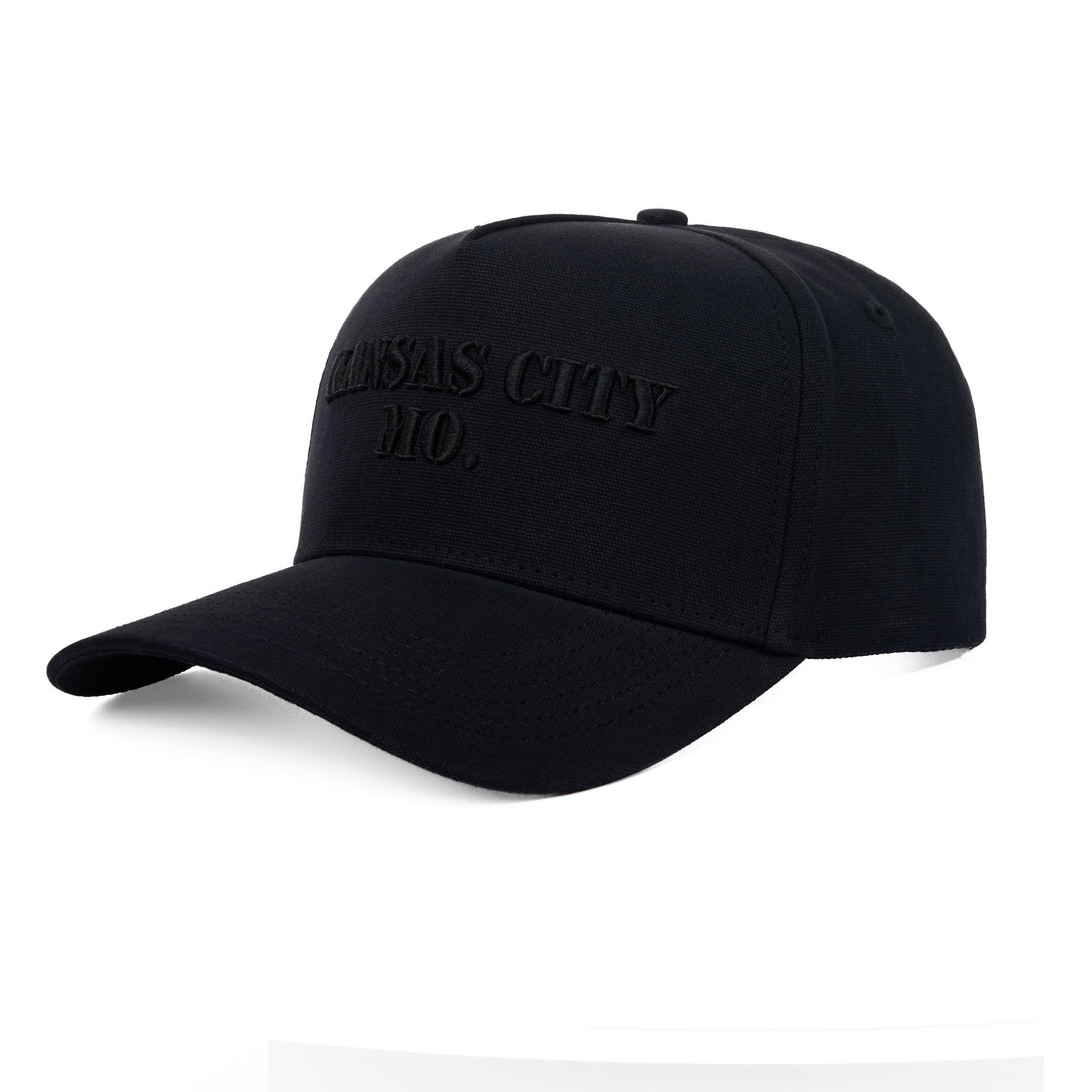Black baseball cap with 'KANSAS CITY, MO' text on a white background