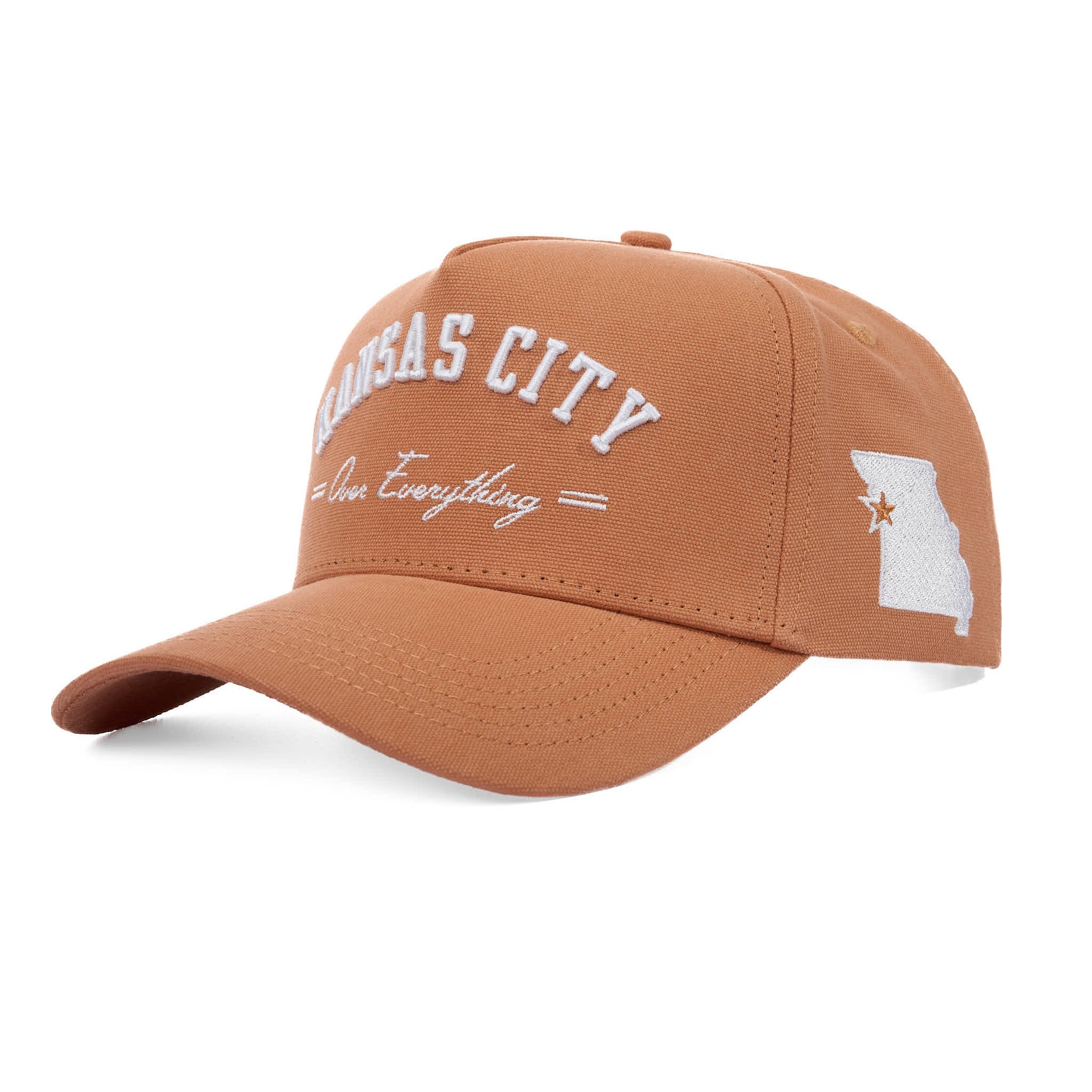 Brown cap with 'Kansas City Over Everything' text and state outline on a white background