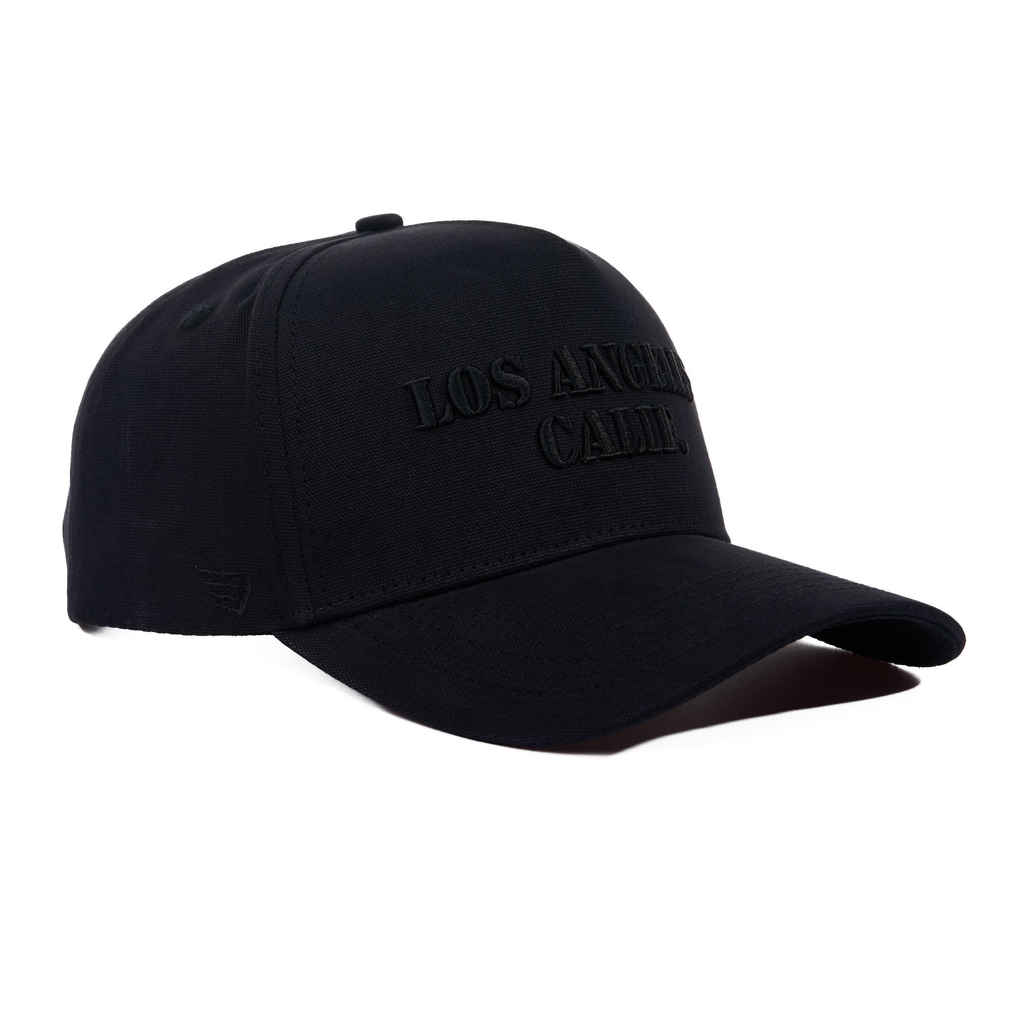 Black cap with 'Los Angeles' text on a white background