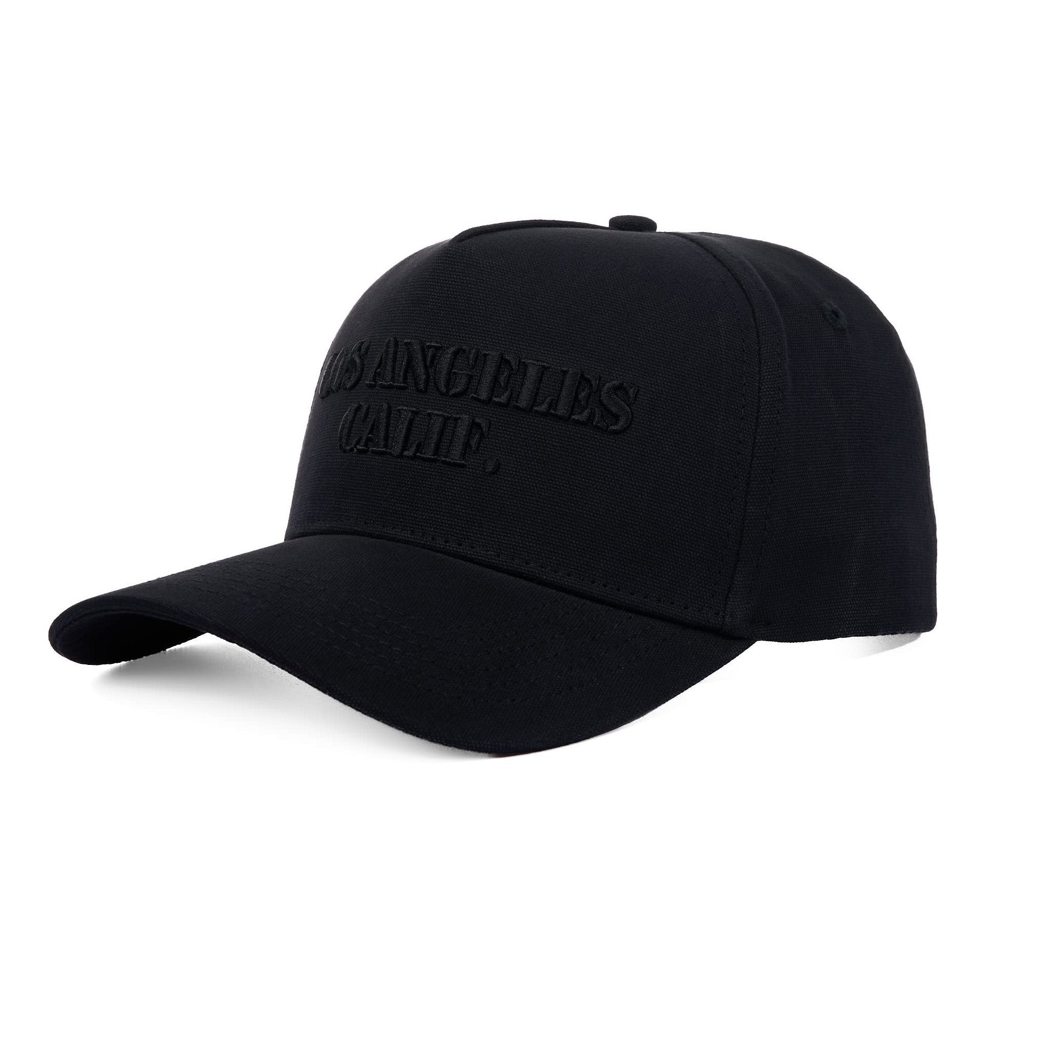 Black cap with text on a white background