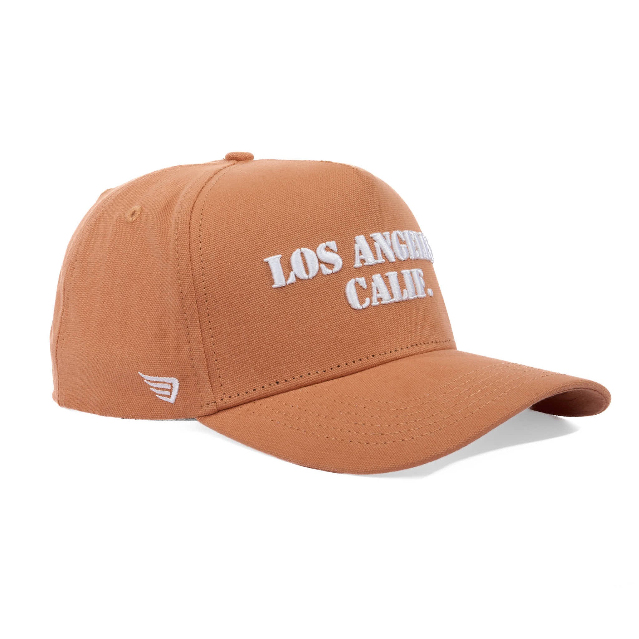 Brown cap with 'Los Angeles Calif.' text on a white background