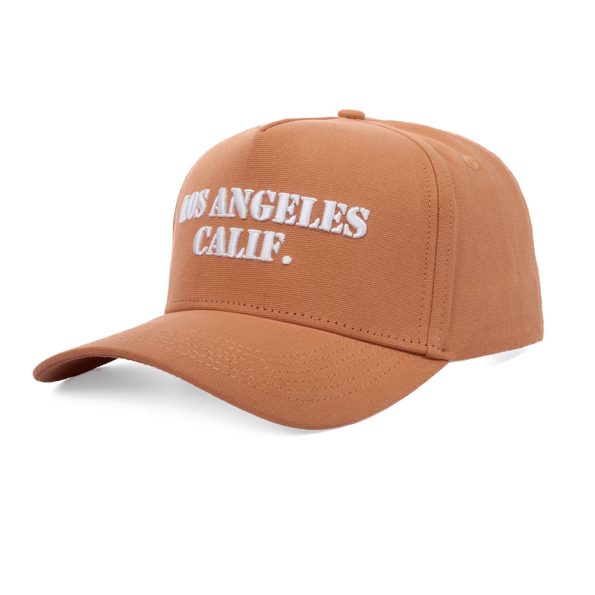 Brown cap with 'Los Angeles Calif.' text on a white background