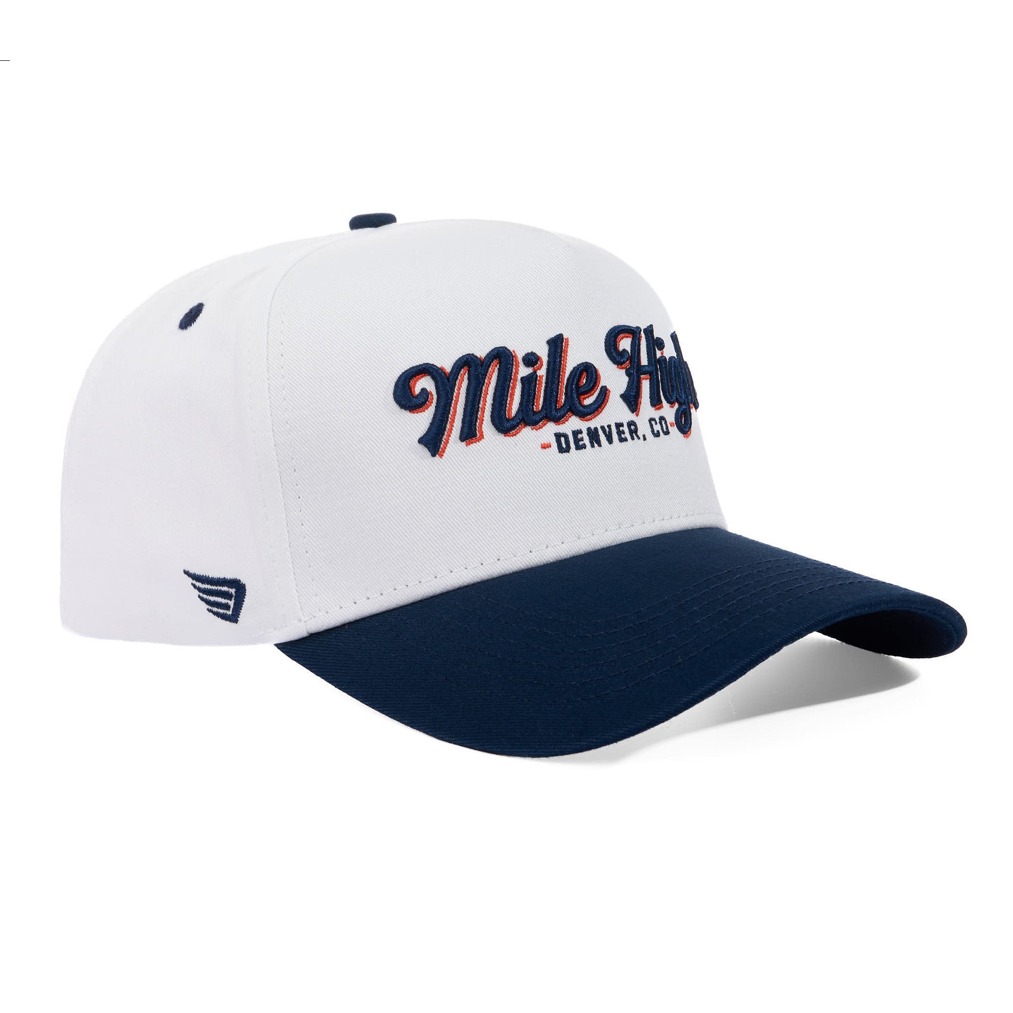 White and navy cap with 'Mile High Denver, CO' text on a white background