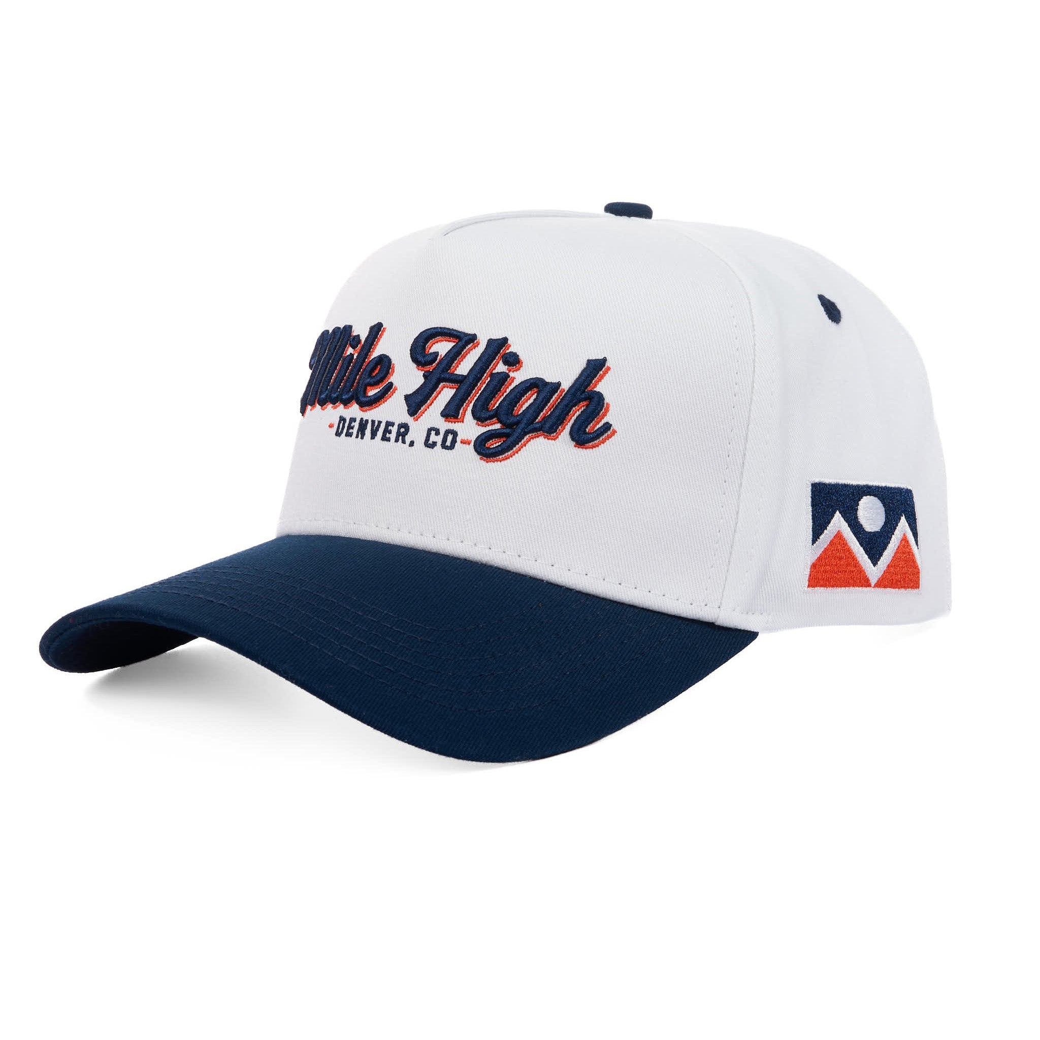White and navy cap with 'Mile High Denver, CO' text and flag on a white background