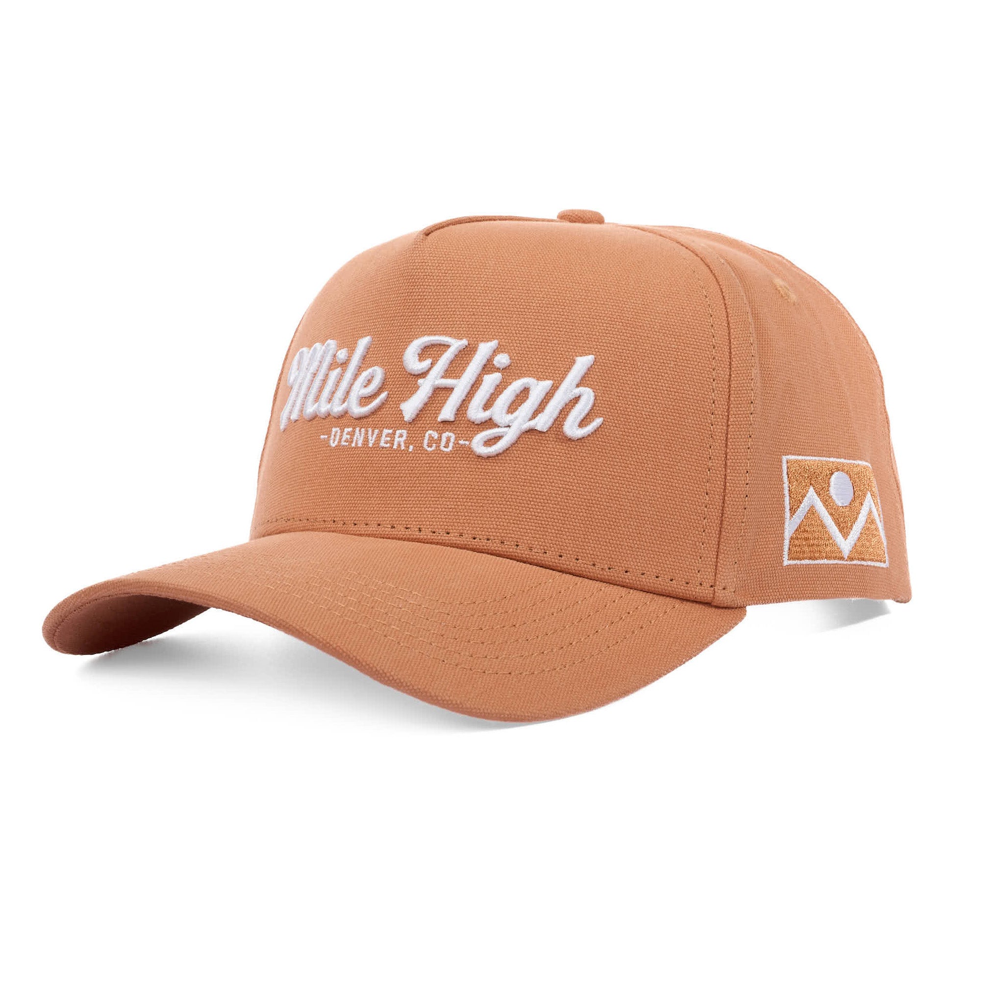 Brown cap with 'Mile High Denver, CO' text and flag on a white background