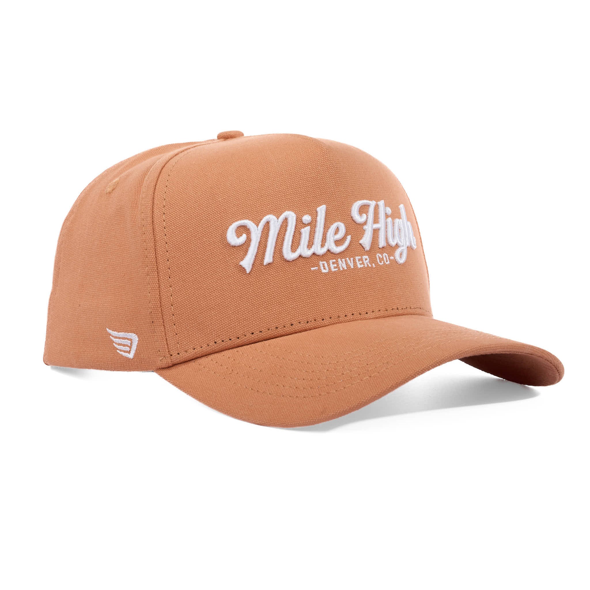 Brown cap with 'Mile High Denver, CO' text on a white background