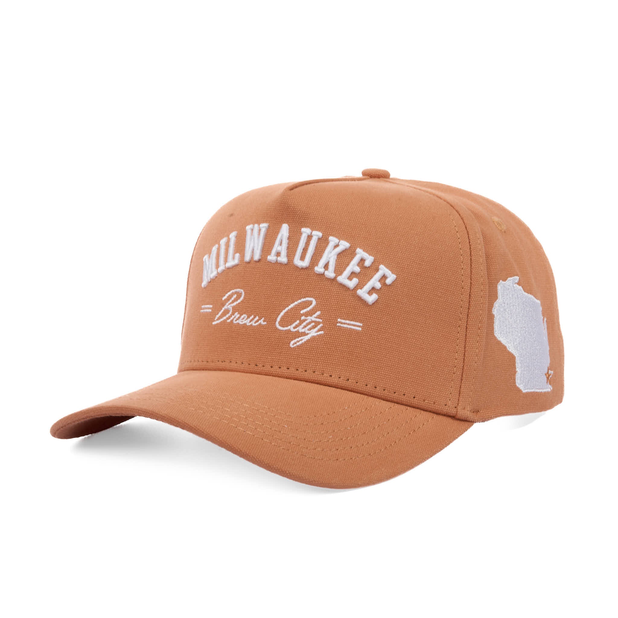 Brown cap with 'Milwaukee Brew City' text and state outline on a white background