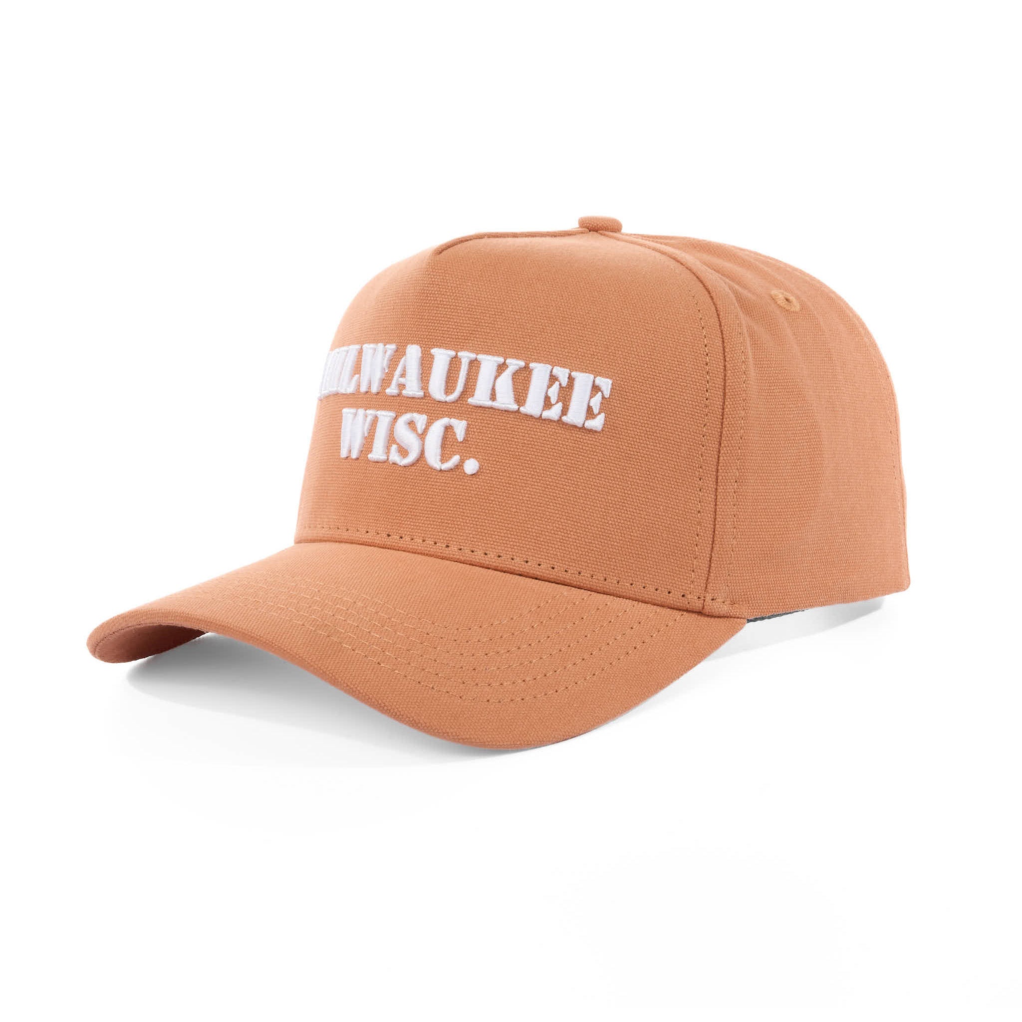 Brown cap with 'Milwaukee Wisc.' text on a white background