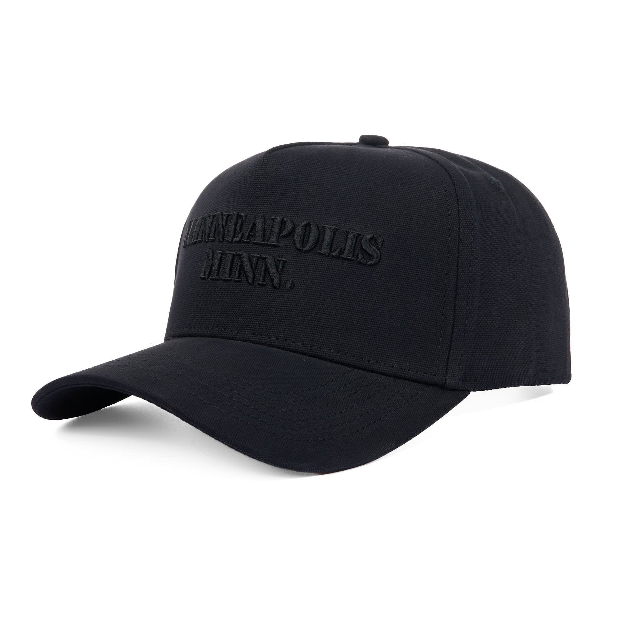 Black cap with text on a white background