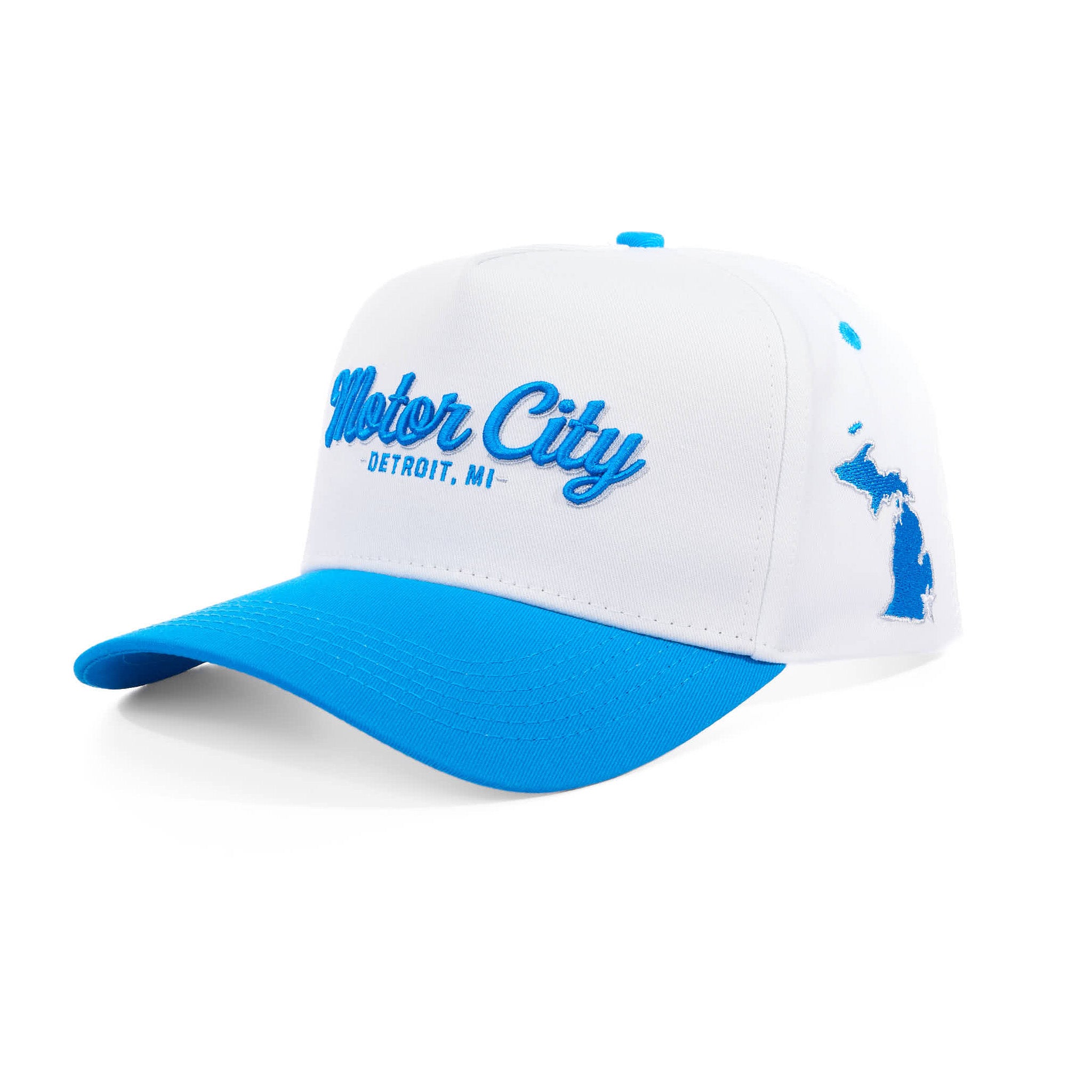 White and blue cap with 'Motor City Detroit, MI' text on a white background
