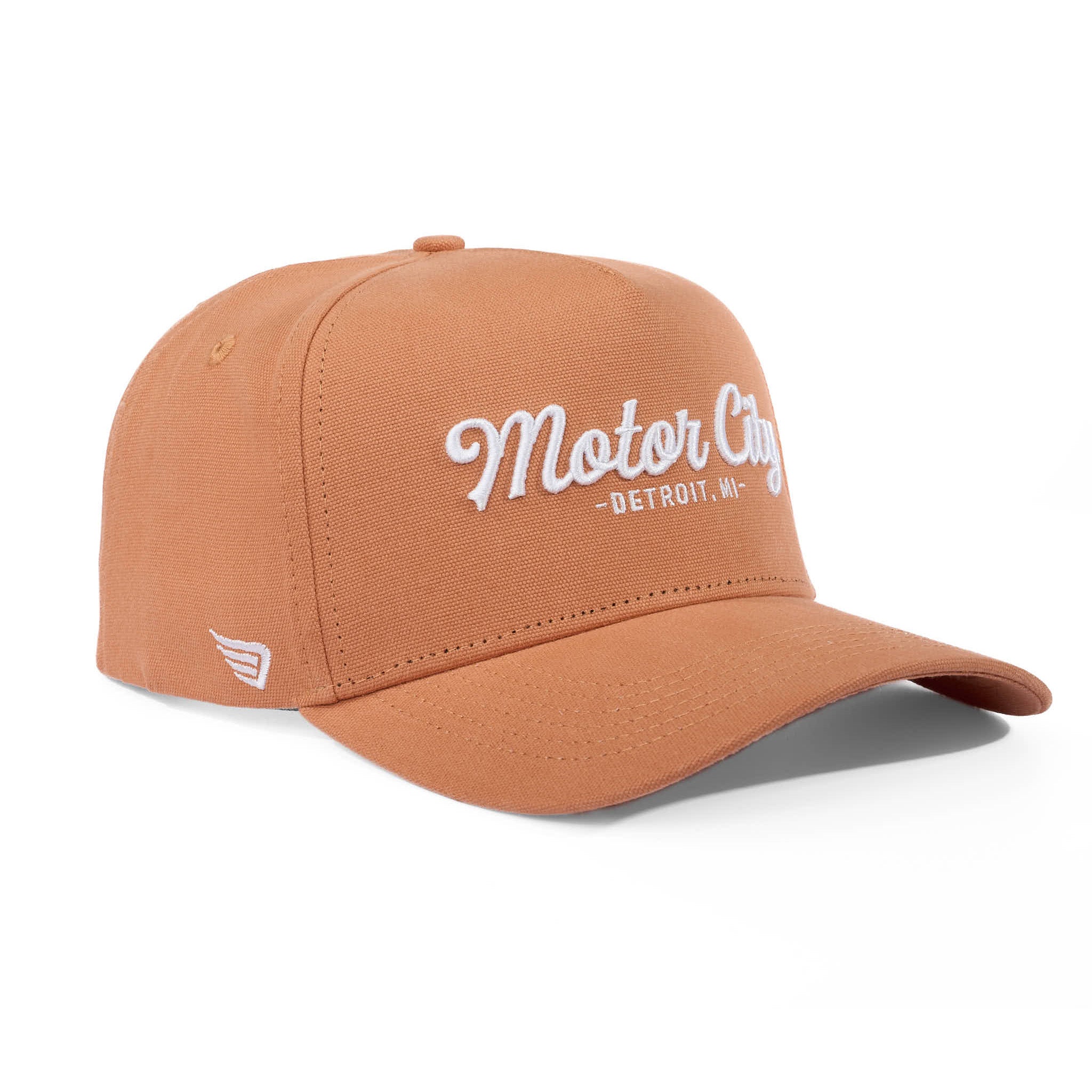 Brown cap with 'Motor City' text on a white background