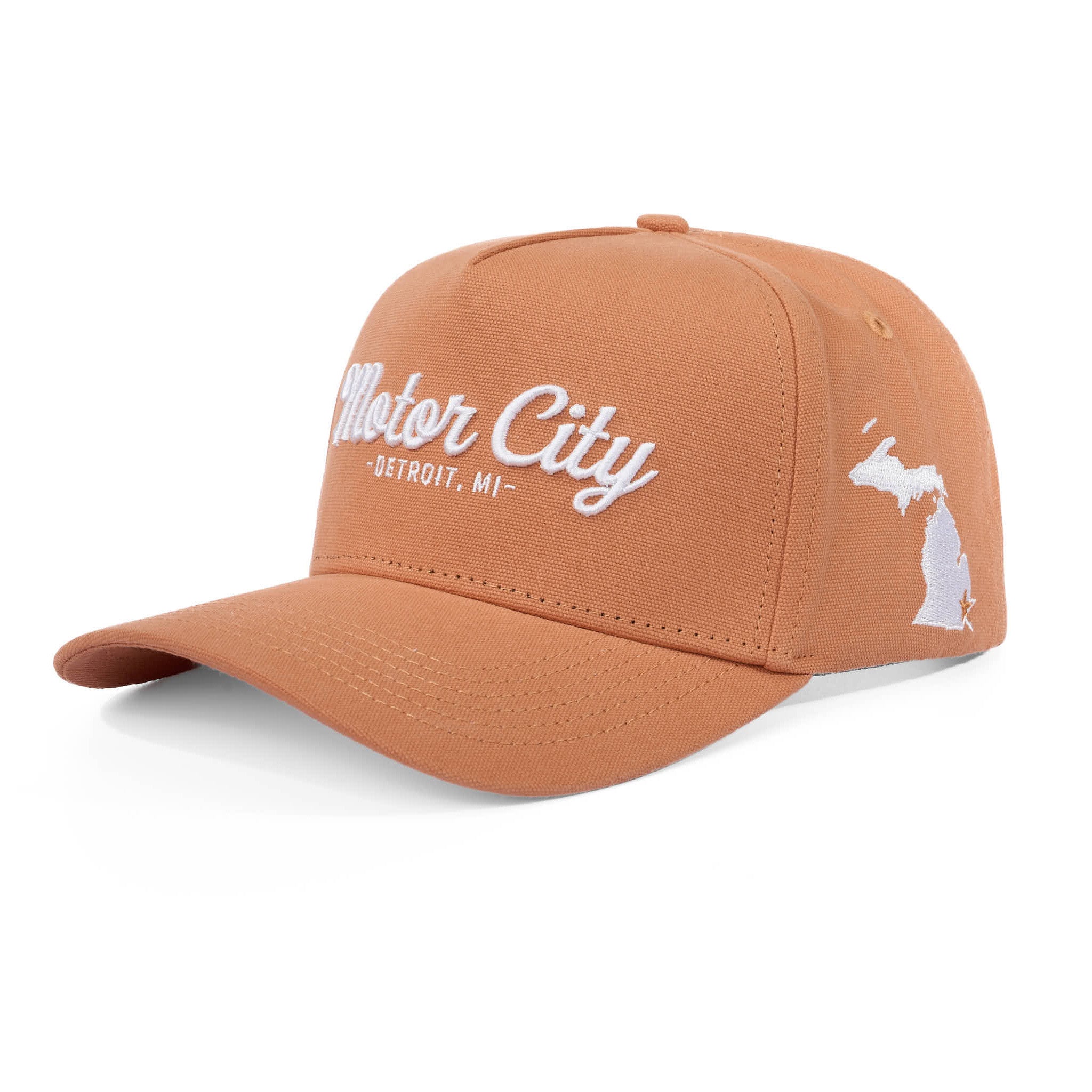 Brown cap with 'Motor City Detroit, MI' text and a map of Michigan on a white background