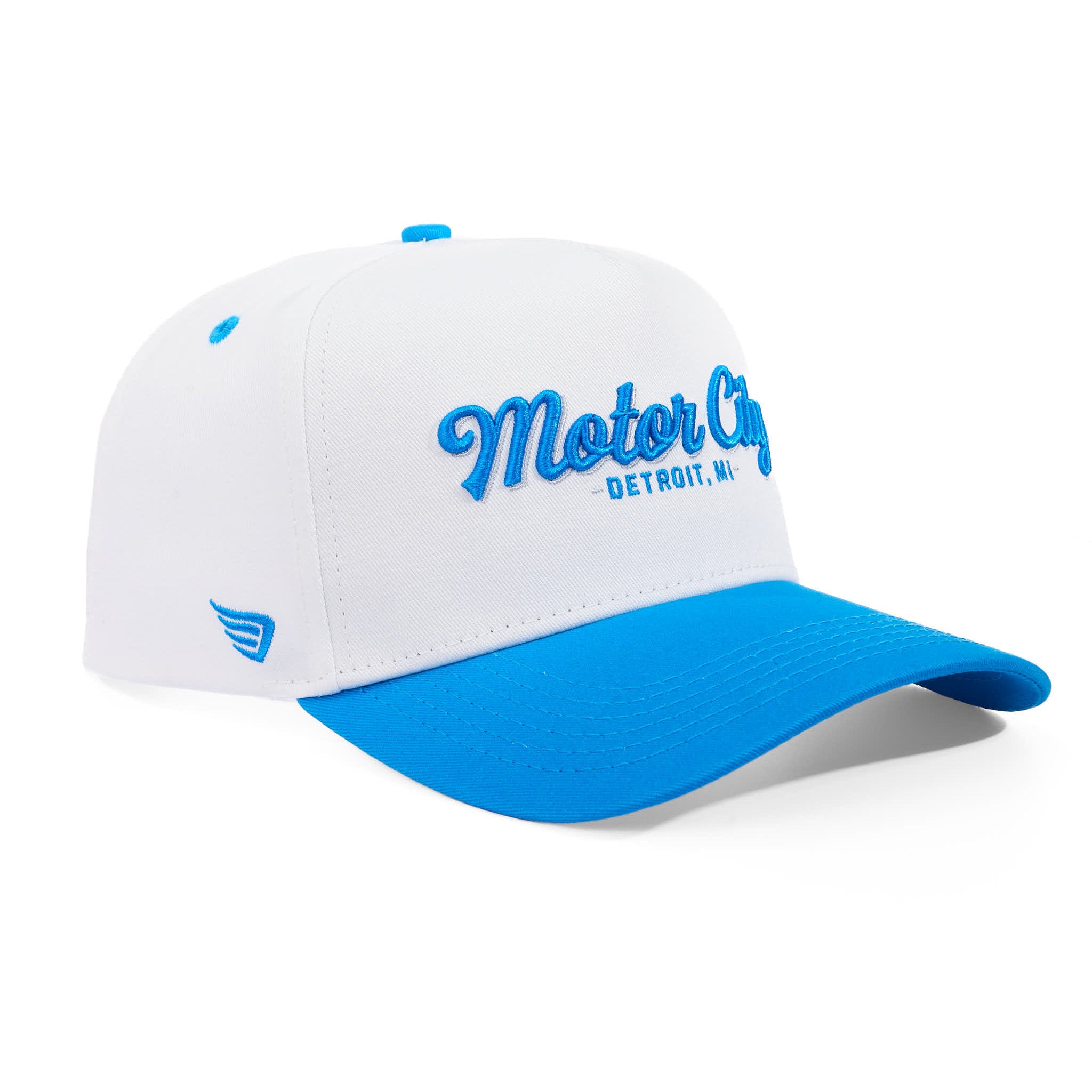 White and blue cap with 'Motor City Detroit' text on a white background