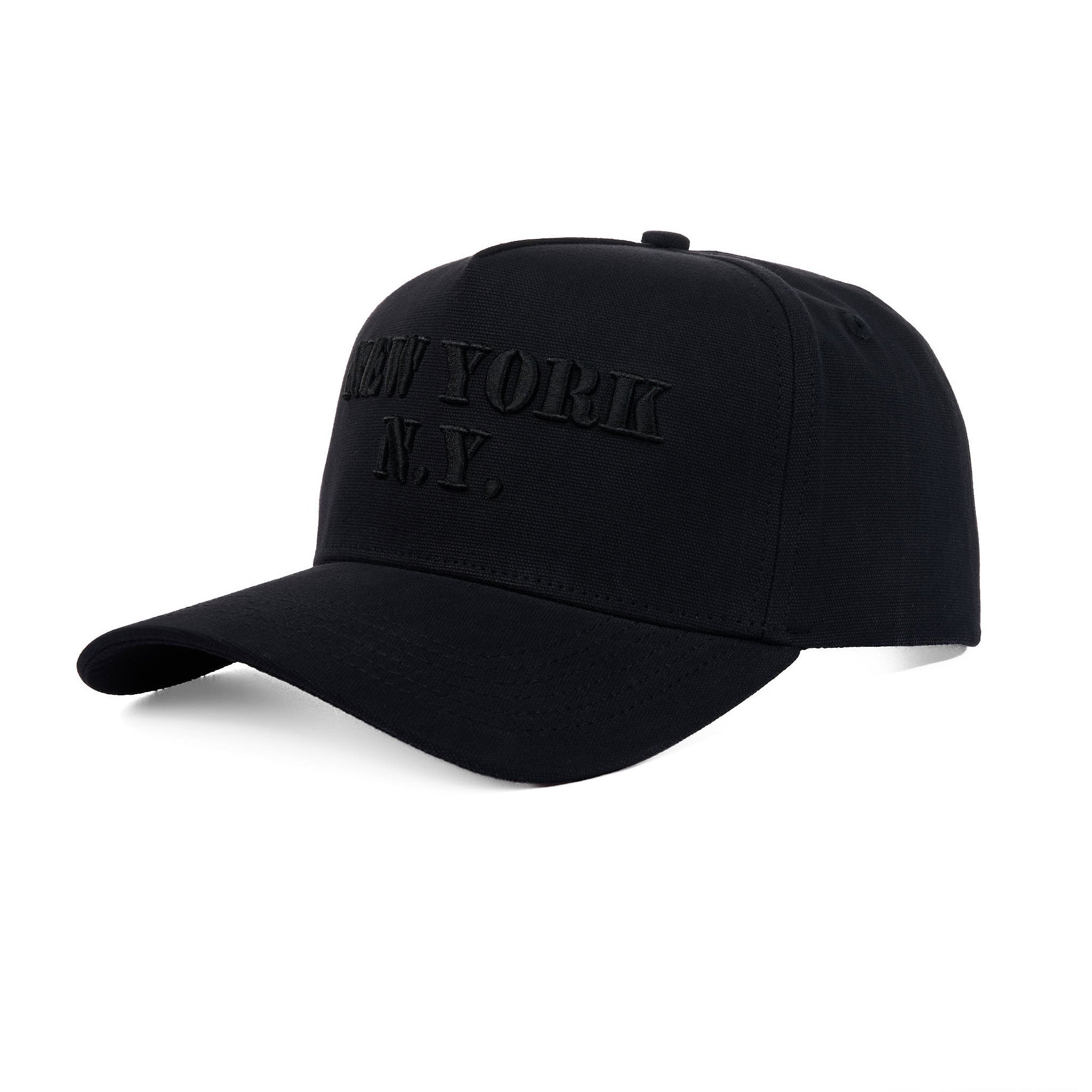 Black cap with 'New York NY' text on a white background