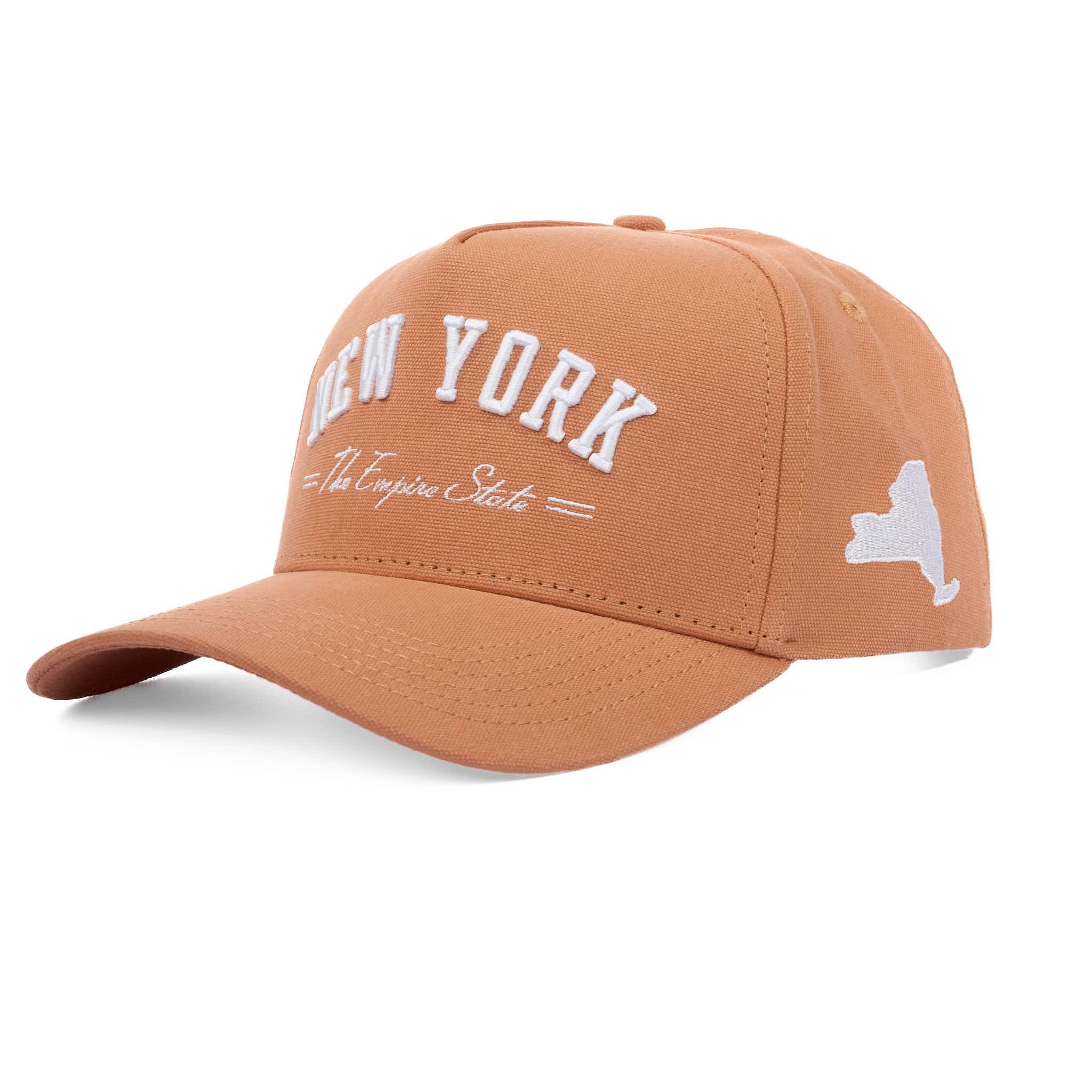 Brown cap with 'New York' and state outline on a white background