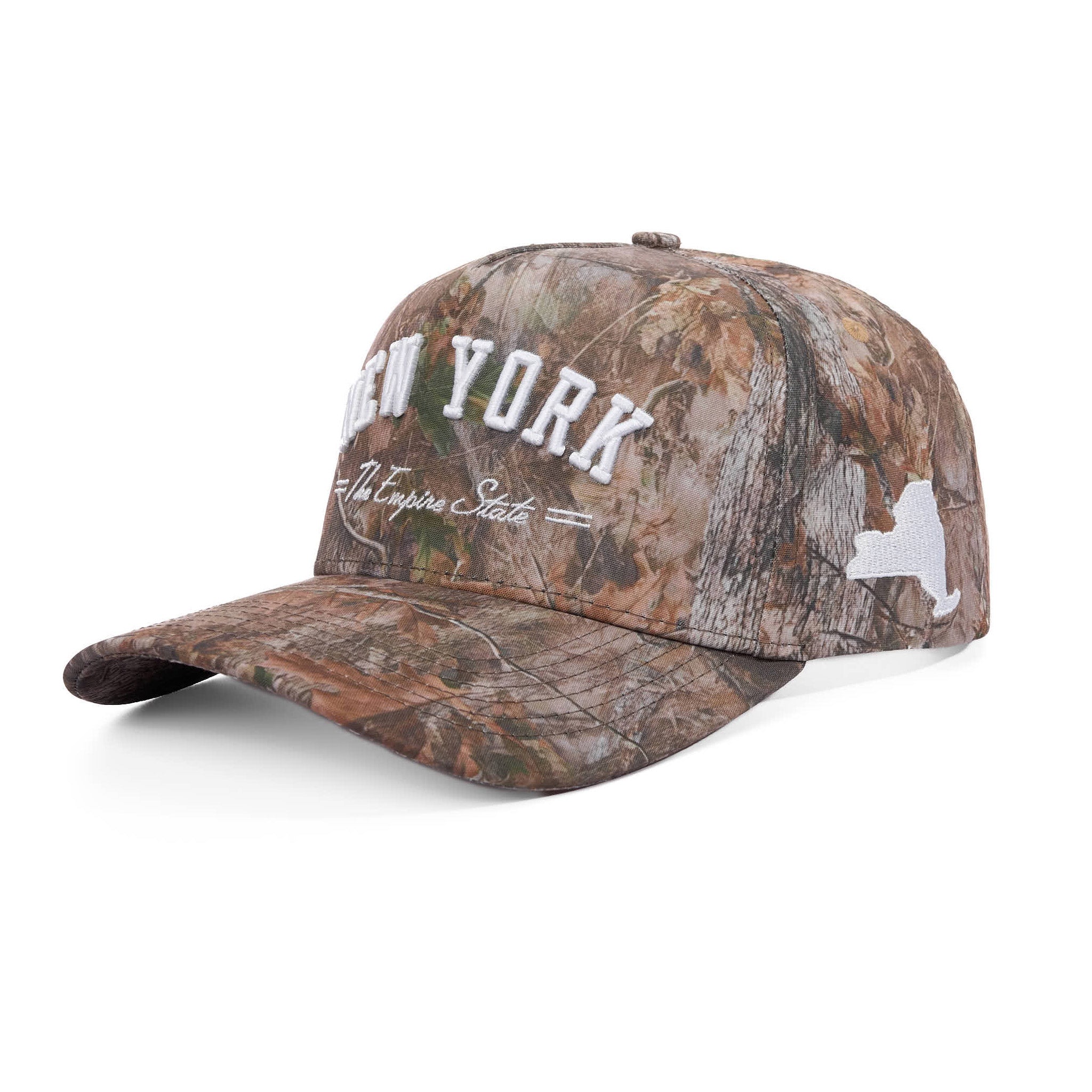 Camouflage cap with 'New York' text and state outline on a white background