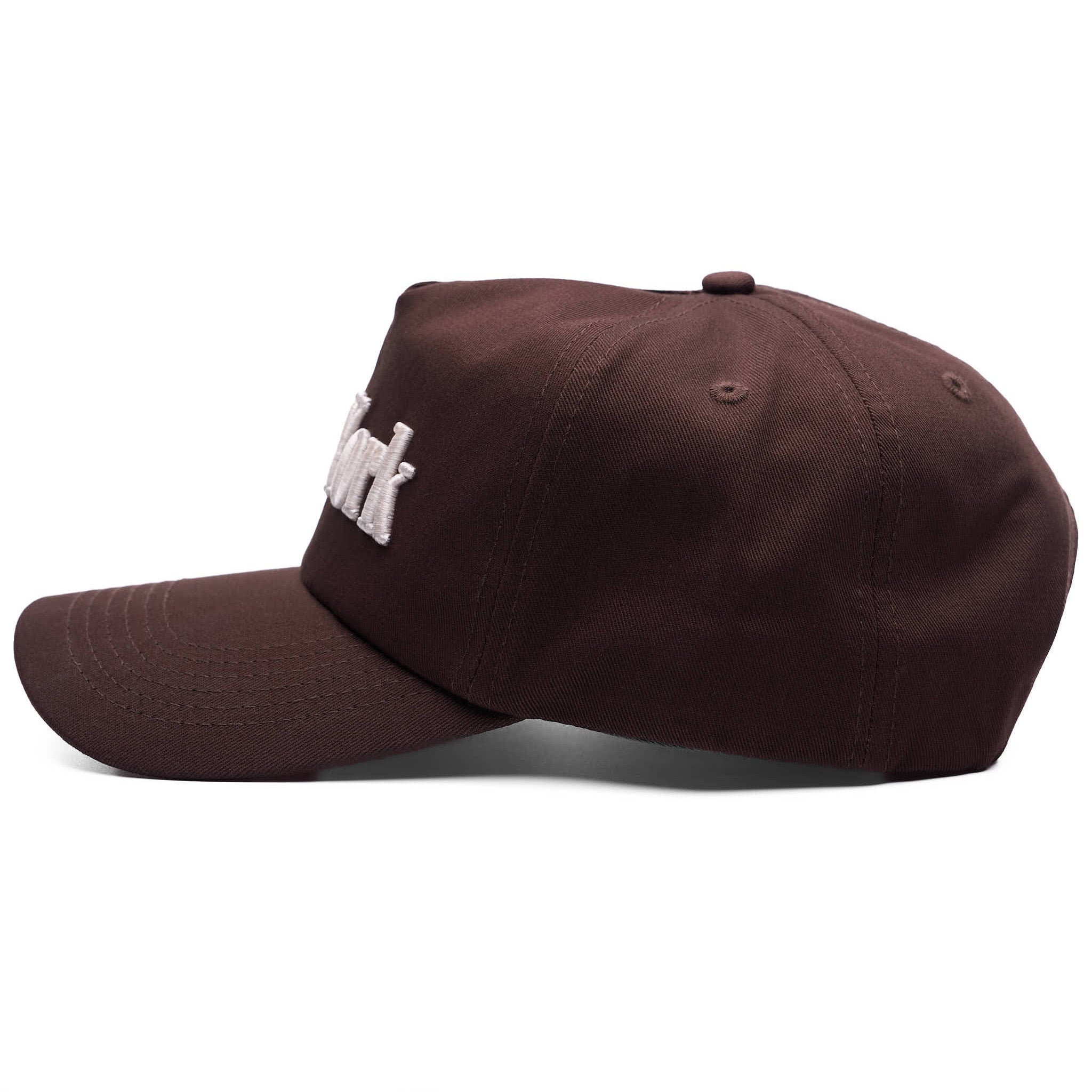 Brown cap with a white logo on a white background