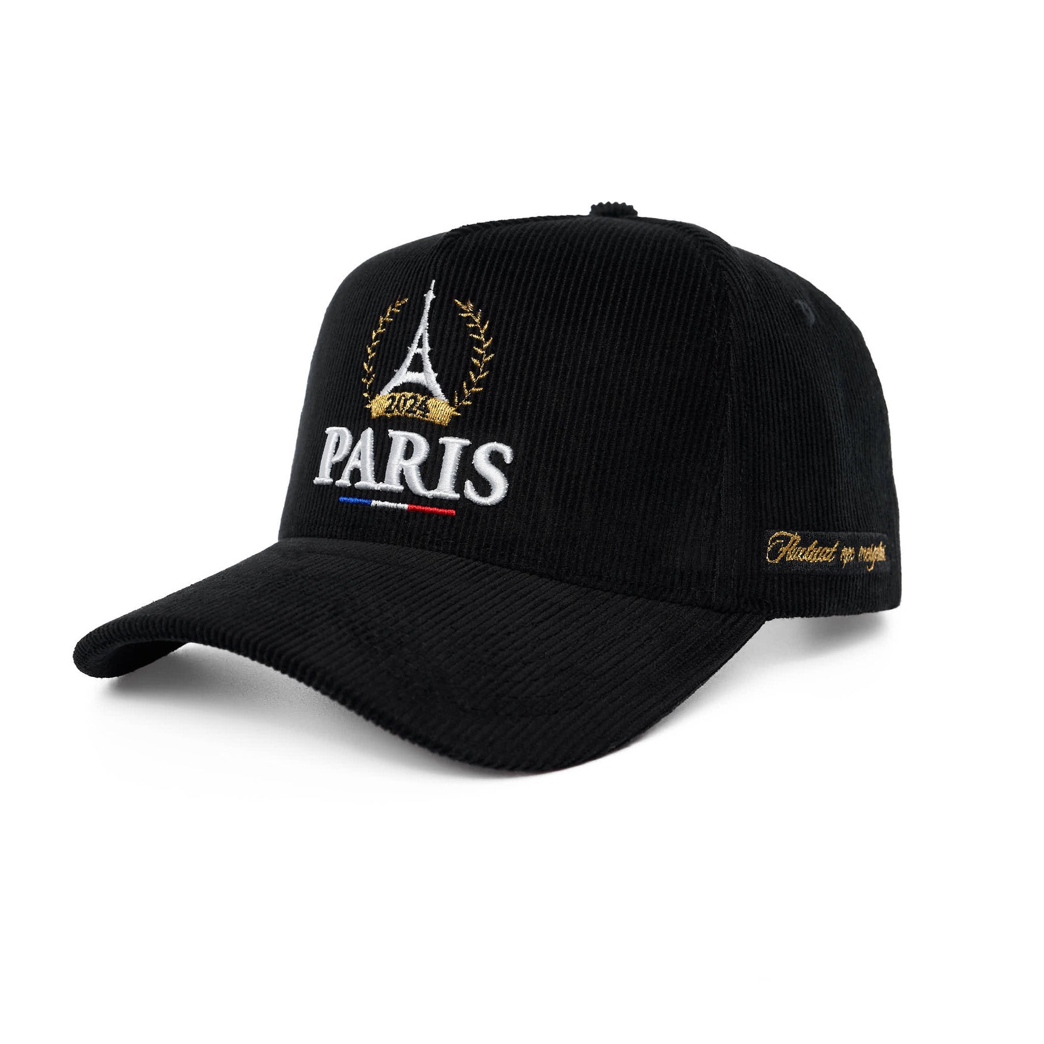 Black cap with Paris-themed design on a white background