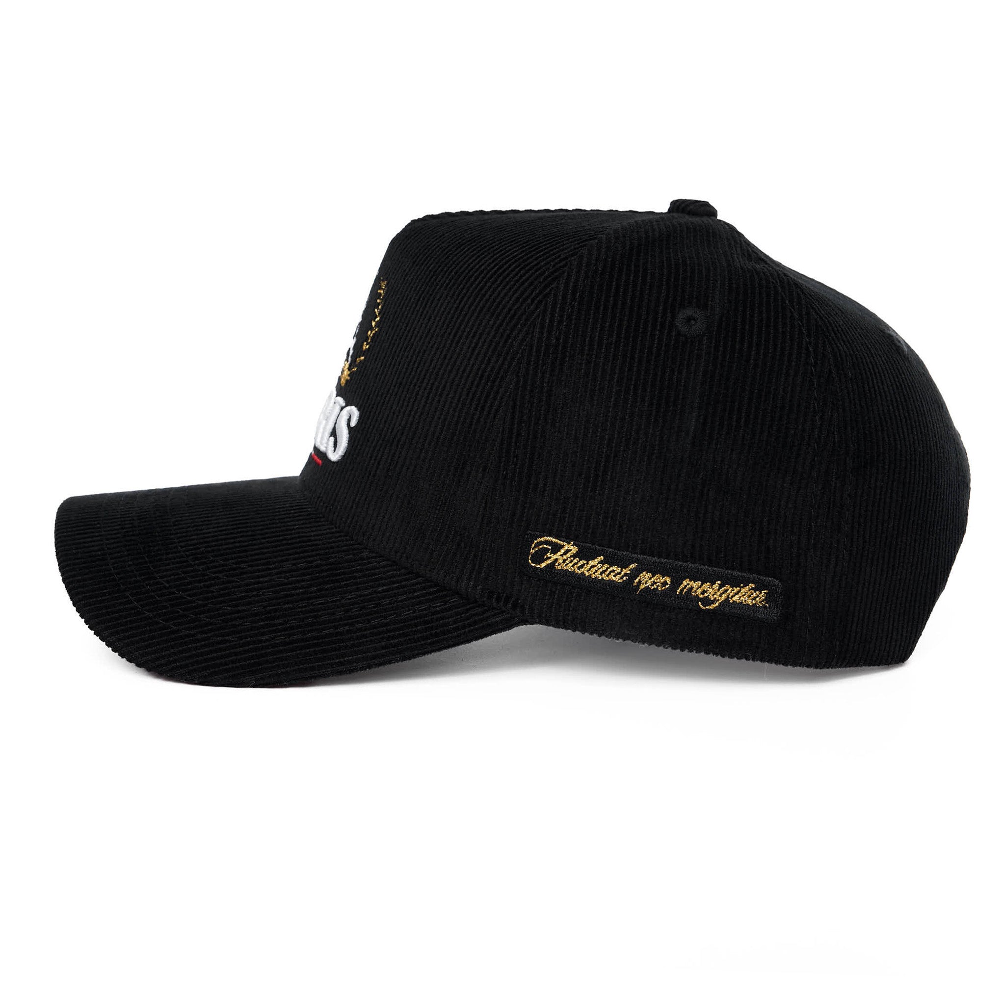 Black cap with gold embroidery on a white background
